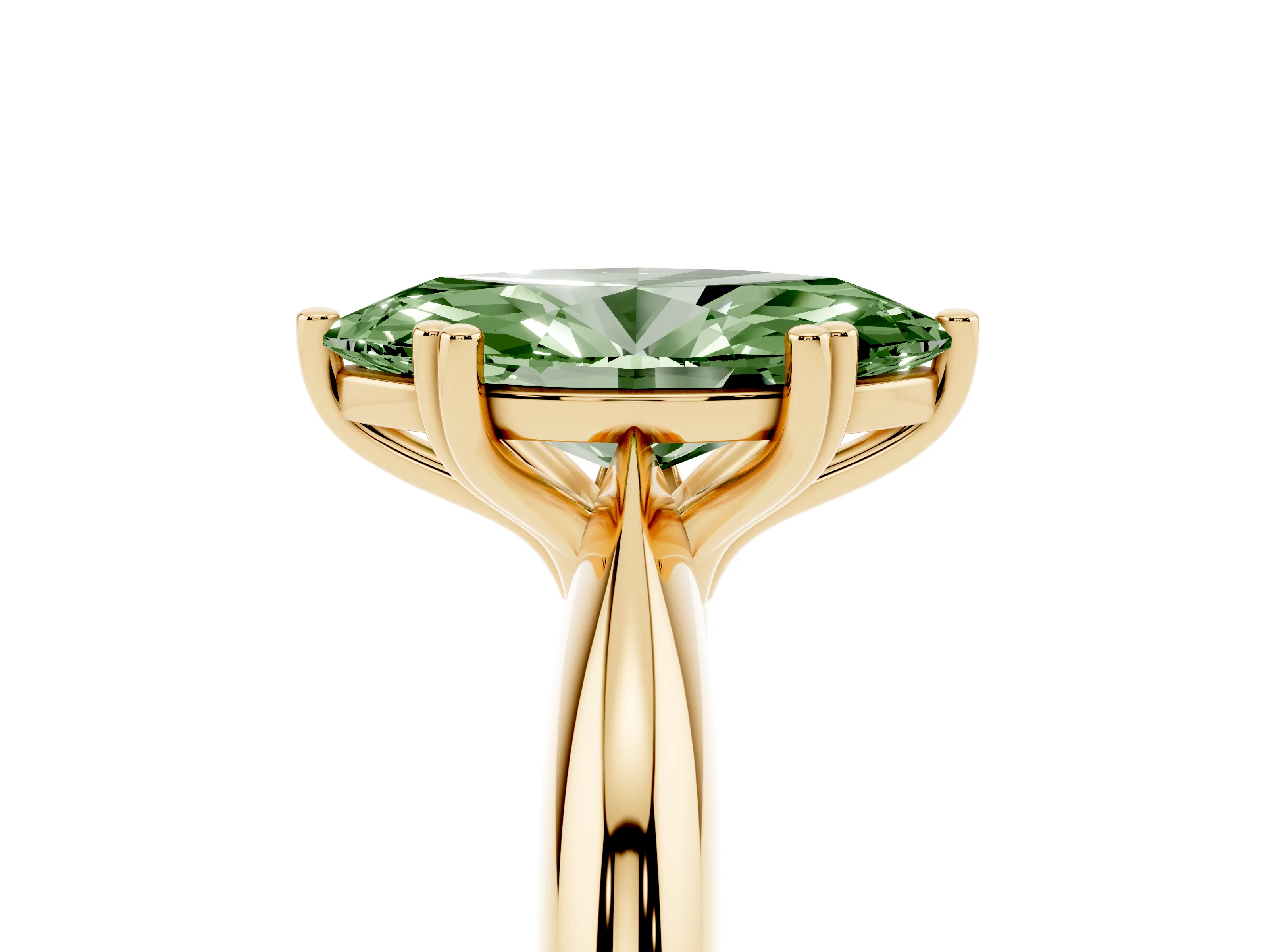 Fancy Green Marquise Cut Diamond Solitaire Engagement Ring Set in Yellow gold with Tapered Band and Prong Setting
