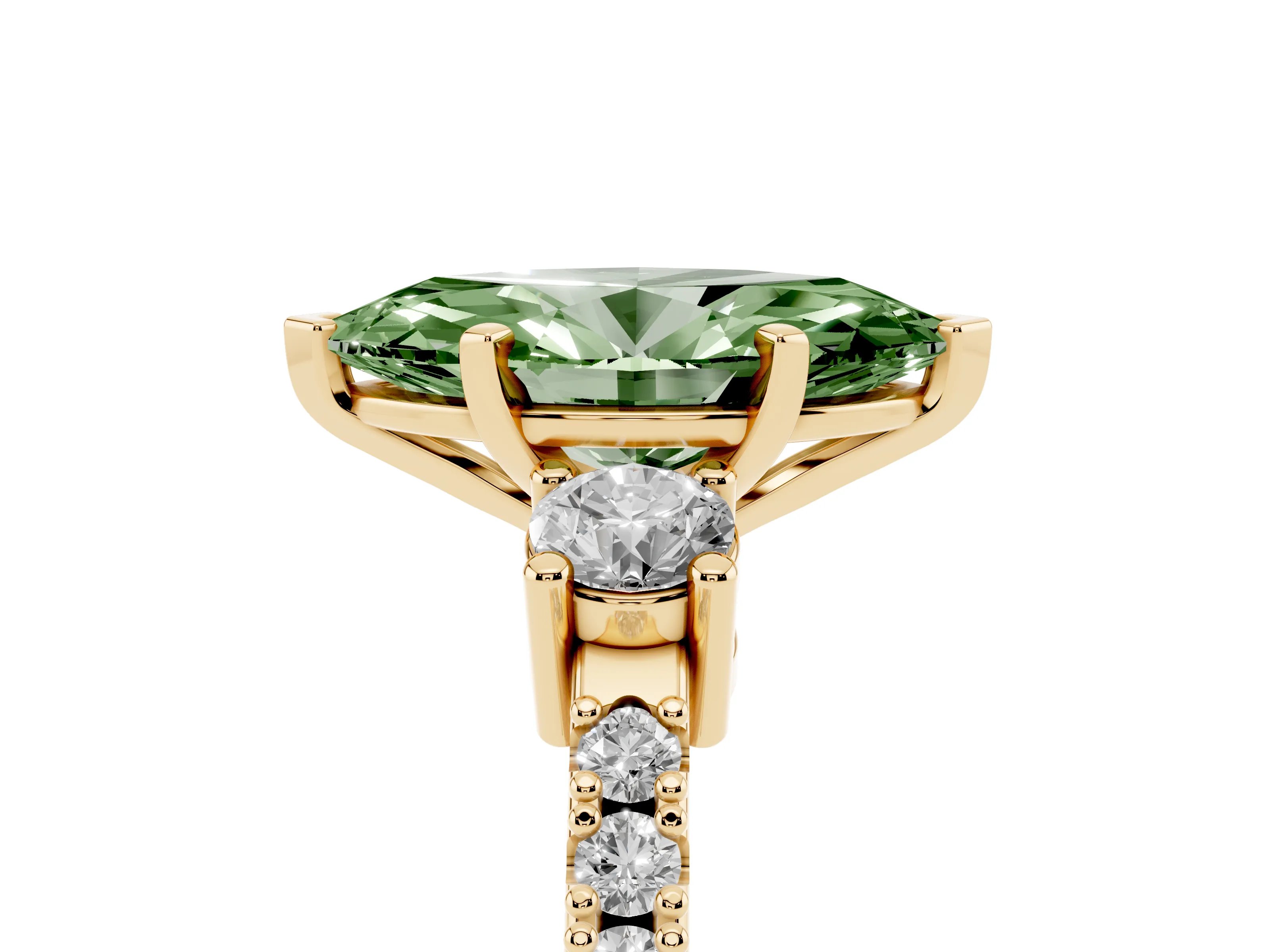 Fancy Green Three-Stone Marquise Cut Diamond Pavé Band Ring Set in Yellow gold with Prong Setting