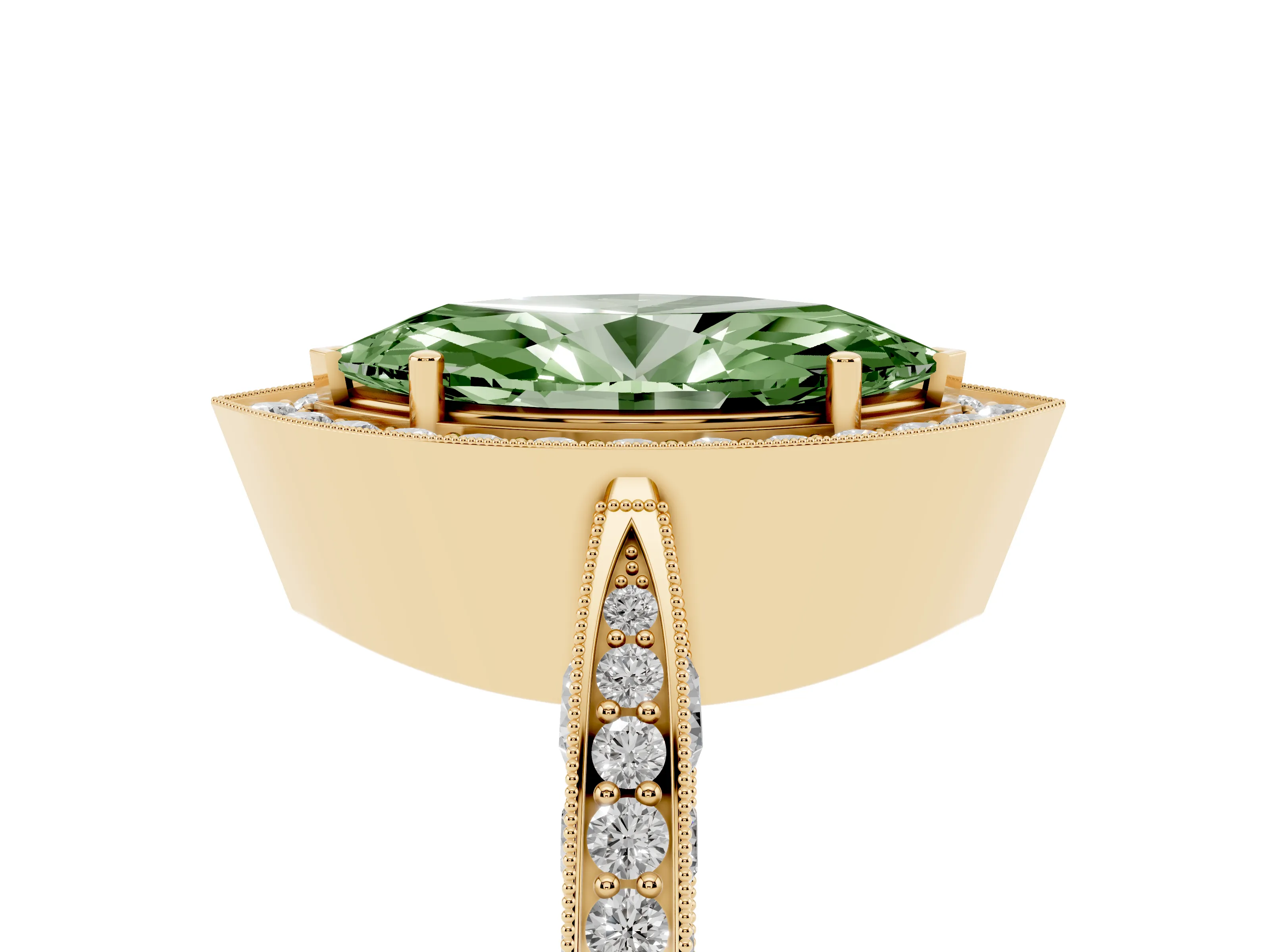 Fancy Green Marquise Cut Diamond Halo Engagement Ring Set in Yellow gold with Accent Split Shank Band