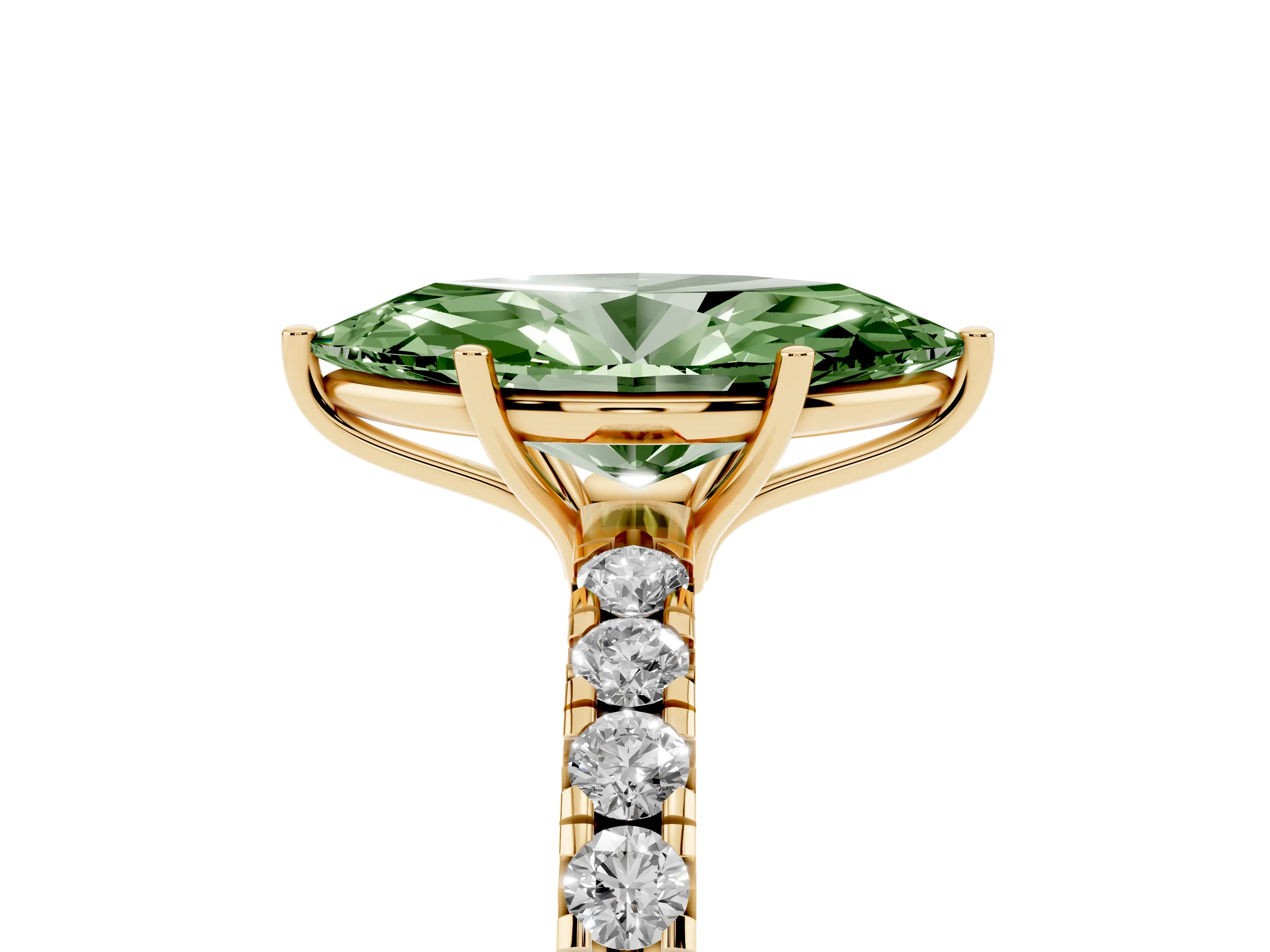 Fancy Green Marquise Cut Diamond Pavé Solitaire Engagement Ring Set in Yellow gold with Prong Setting