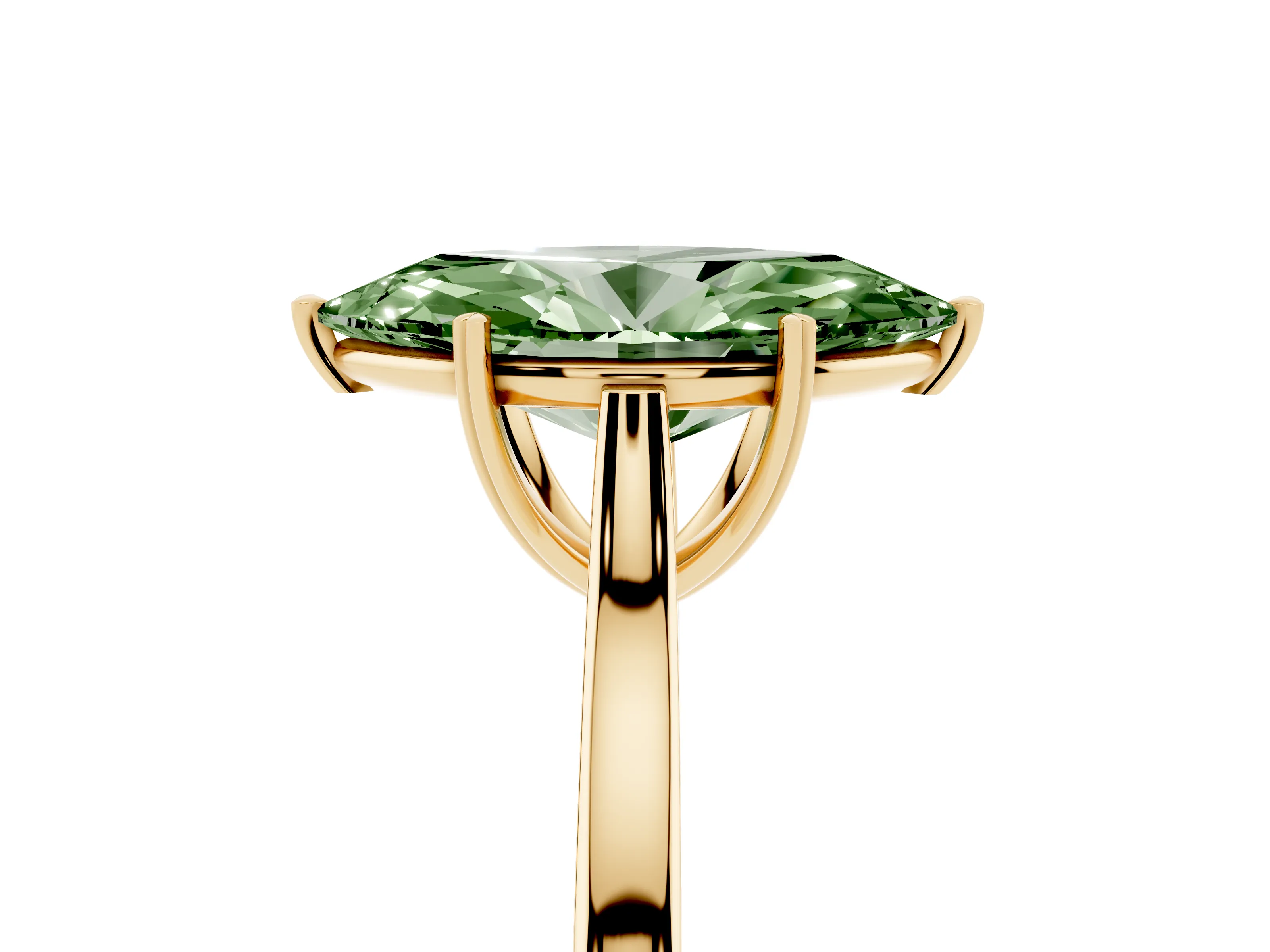 Fancy Green Marquise Cut Diamond Solitaire Heart Prong Engagement Ring Set in Yellow gold with Tapered Band