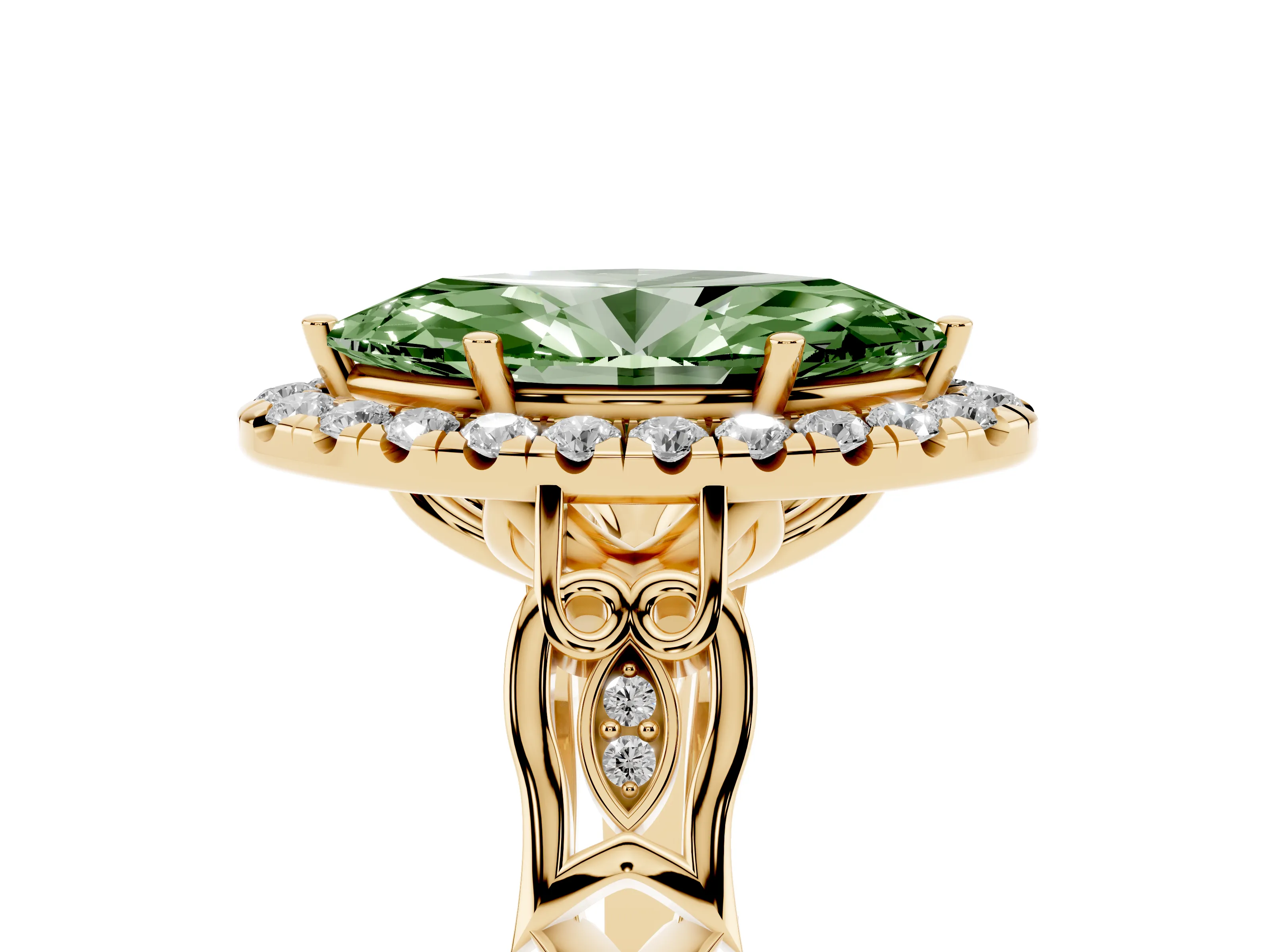 Fancy Green Marquise Cut Diamond Halo Engagement Ring Set in Yellow gold with Filigree Band and Prong-Set Center