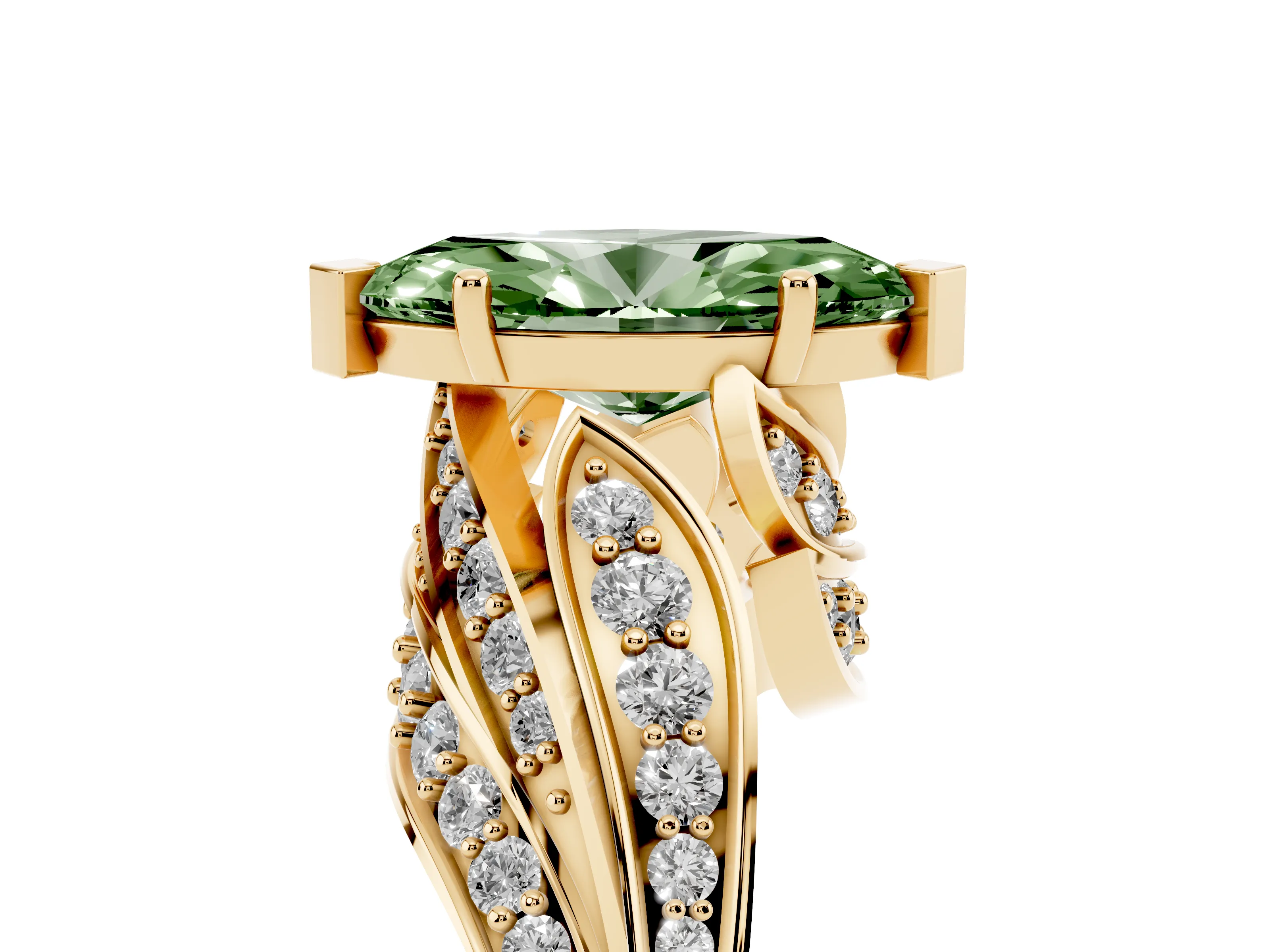 Fancy Green Marquise Cut Diamond Solitaire Ring Set in Yellow gold with Layered Twist Pavé Band