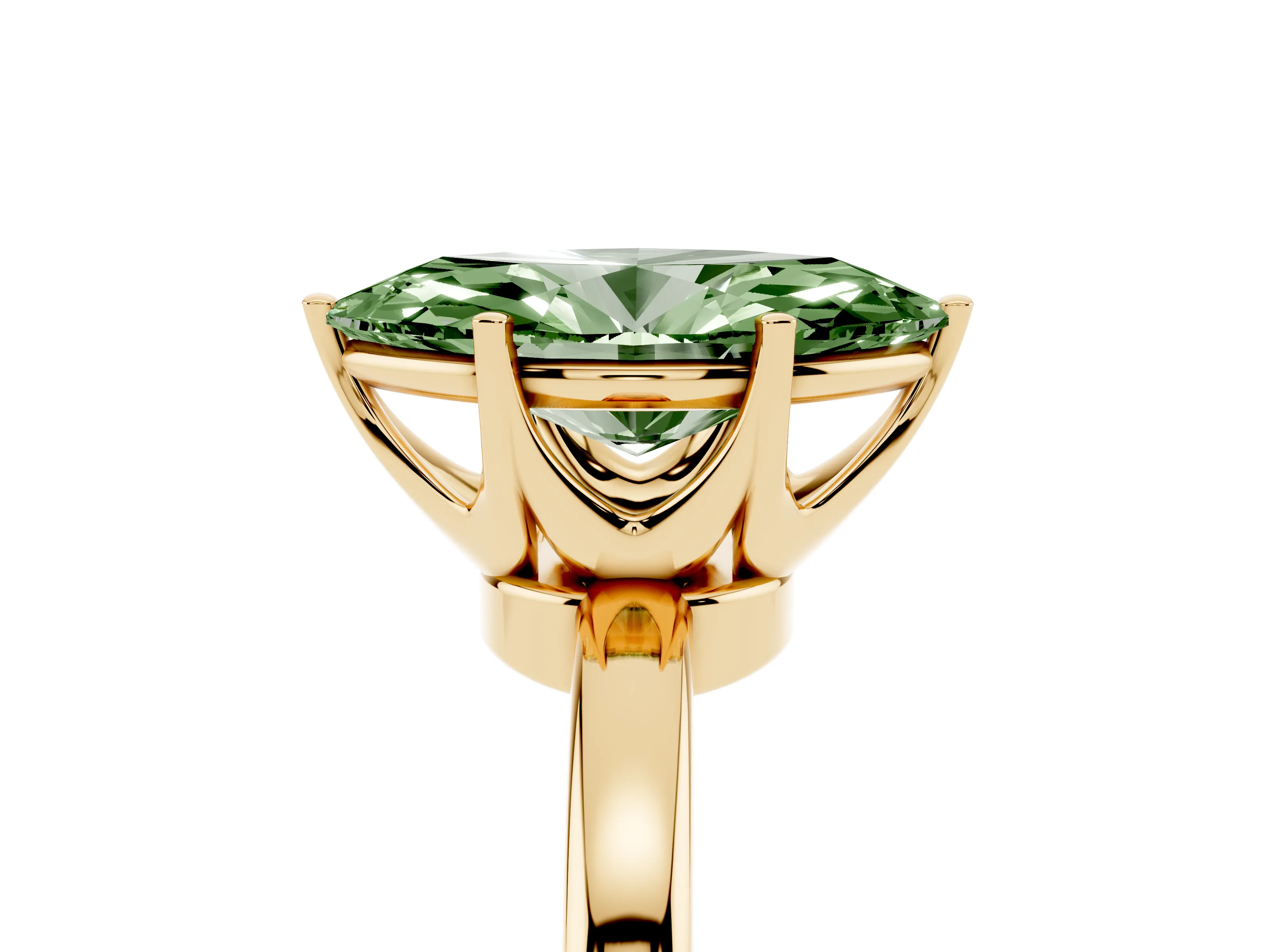 Fancy Green Marquise Cut Diamond Solitaire Ring Set in Yellow gold with Raised Prong Setting on a Classic Band
