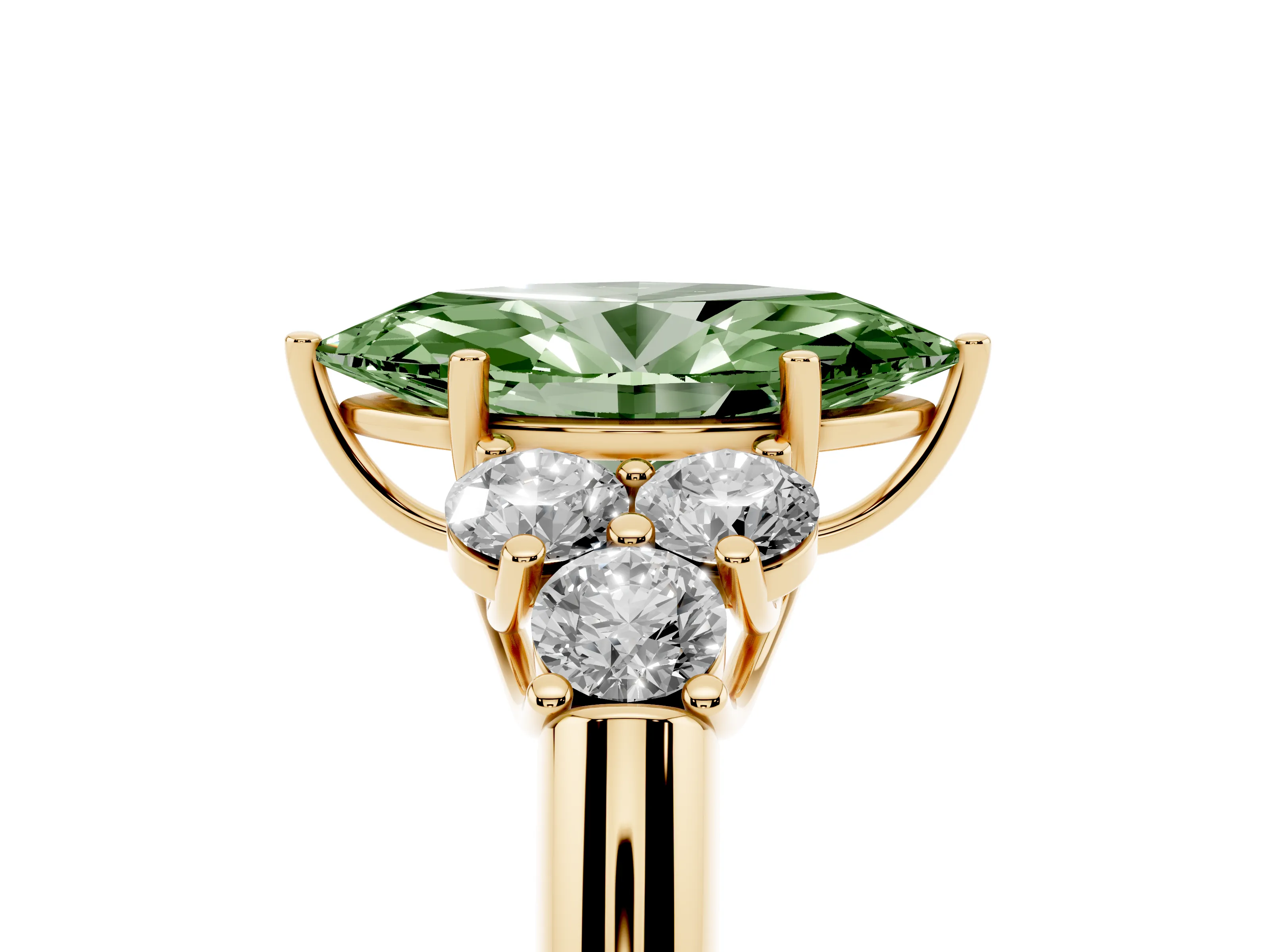 Fancy Green Marquise Cut Diamond Cluster Ring Set in Yellow gold with Round Accent Stones and Prong Setting on a Plain Band