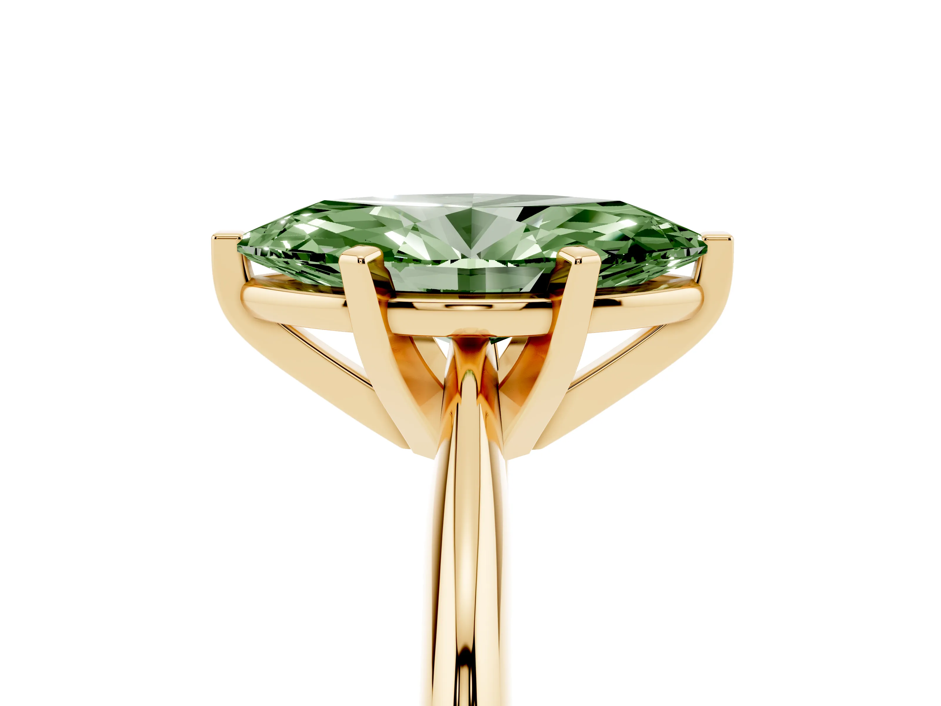 Fancy Green Marquise Cut Diamond Solitaire Ring Set in Yellow gold with Prong Setting on a Plain Round Band