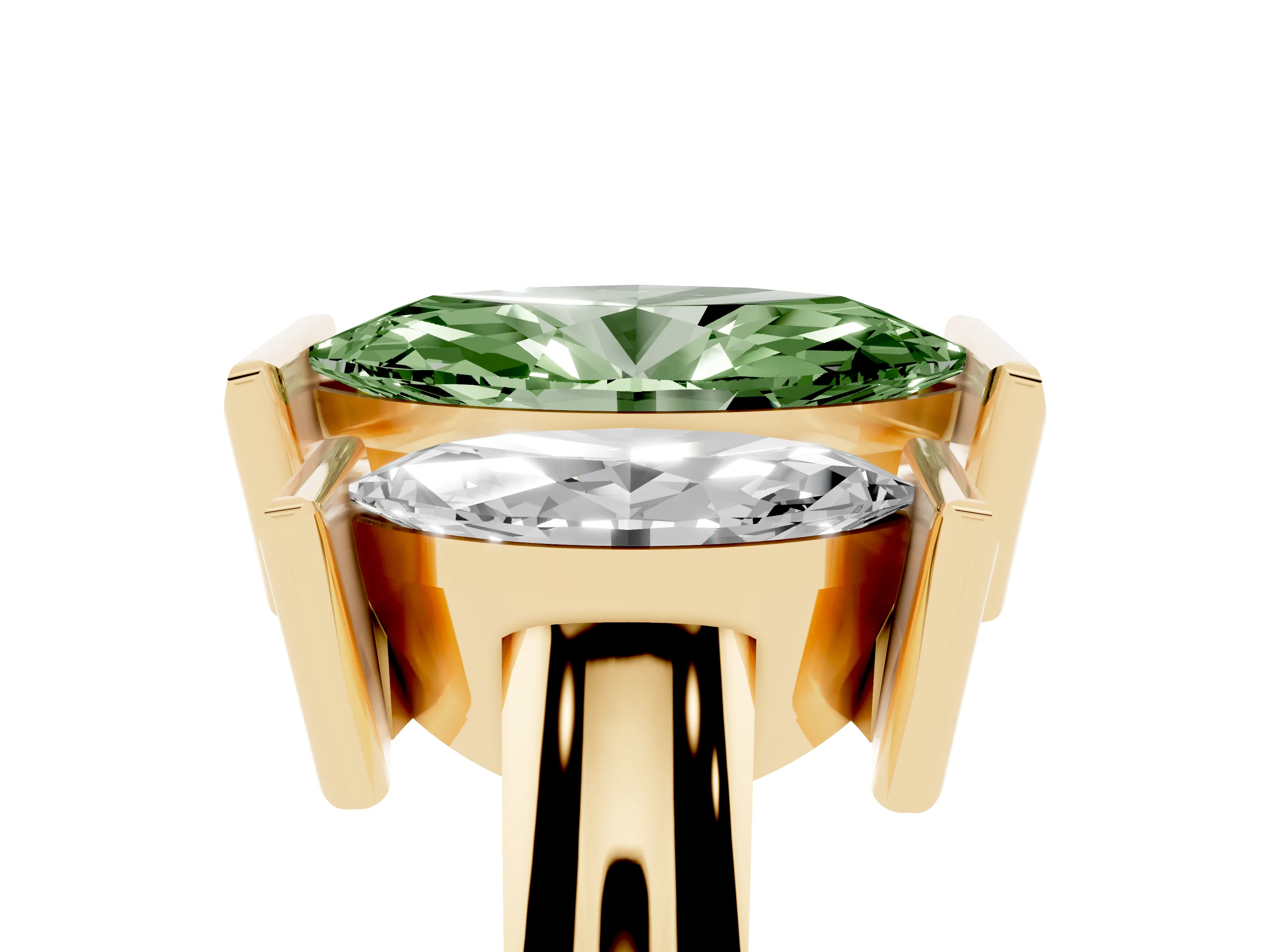 Fancy Green Marquise Cut Diamond Three-Stone Channel Set Ring Set in Yellow gold with Smooth Polished Band