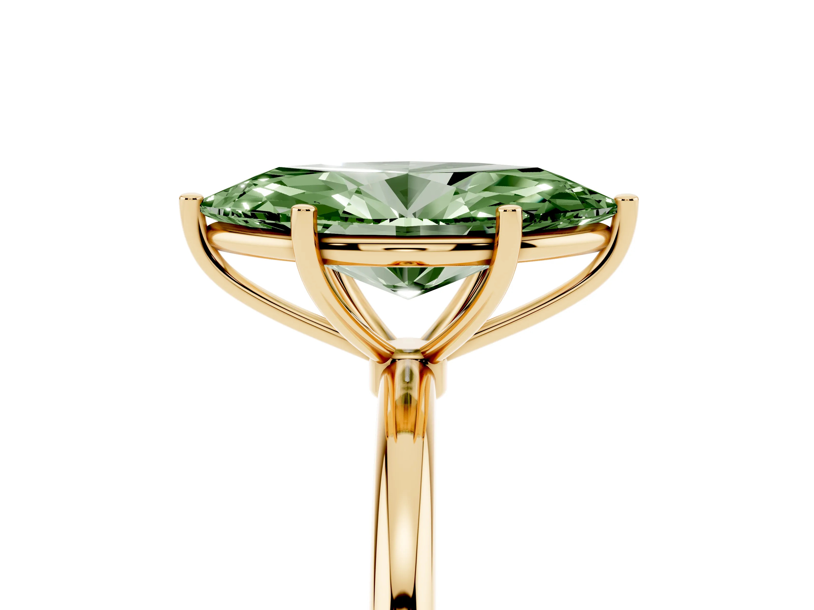 Fancy Green Marquise Cut Diamond Solitaire Engagement Ring Set in Yellow gold with Thin Band and Prong Setting