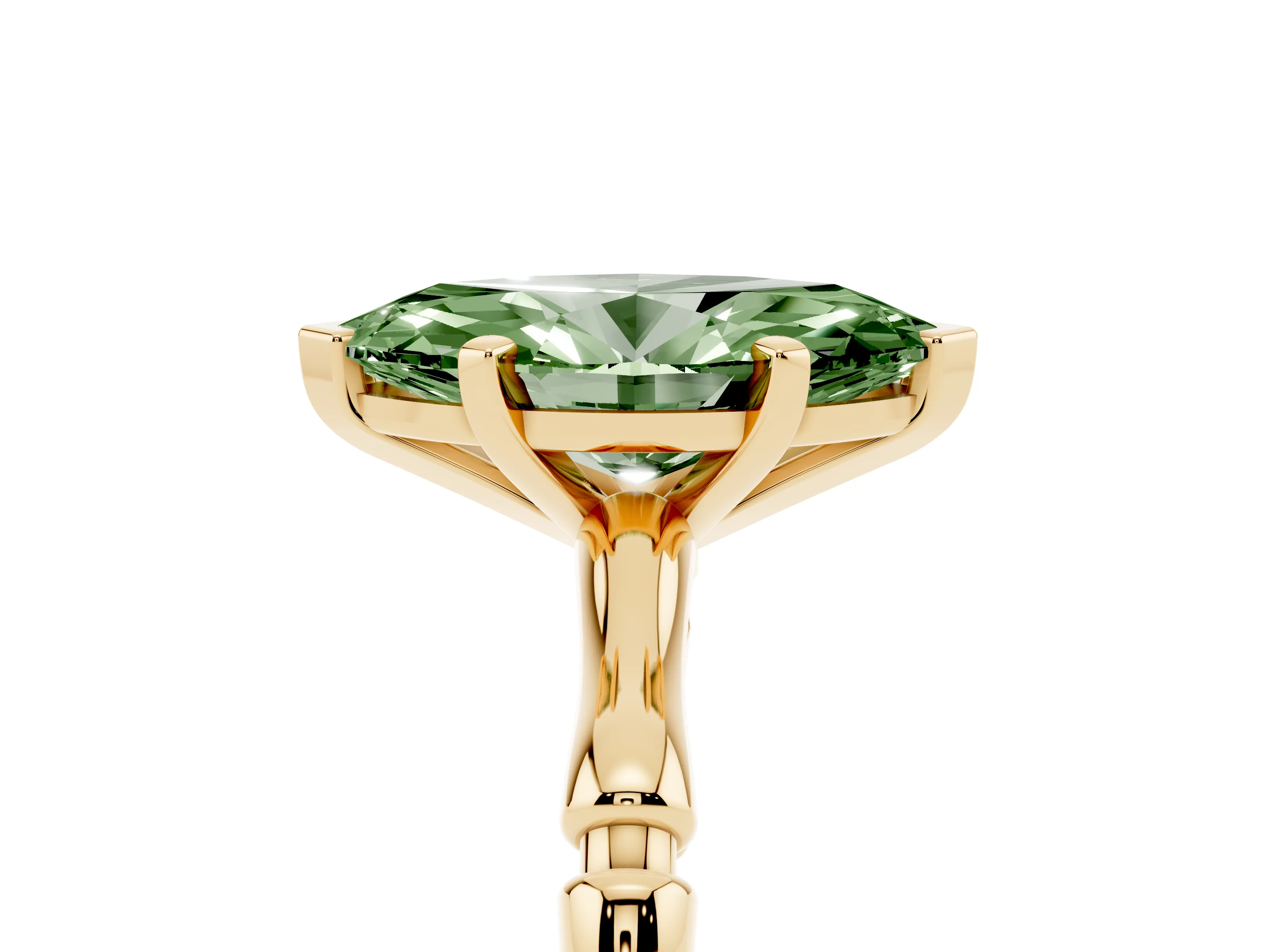 Fancy Green Marquise Cut Diamond Solitaire Ring Set in Yellow gold with Bamboo Band and Prong Setting