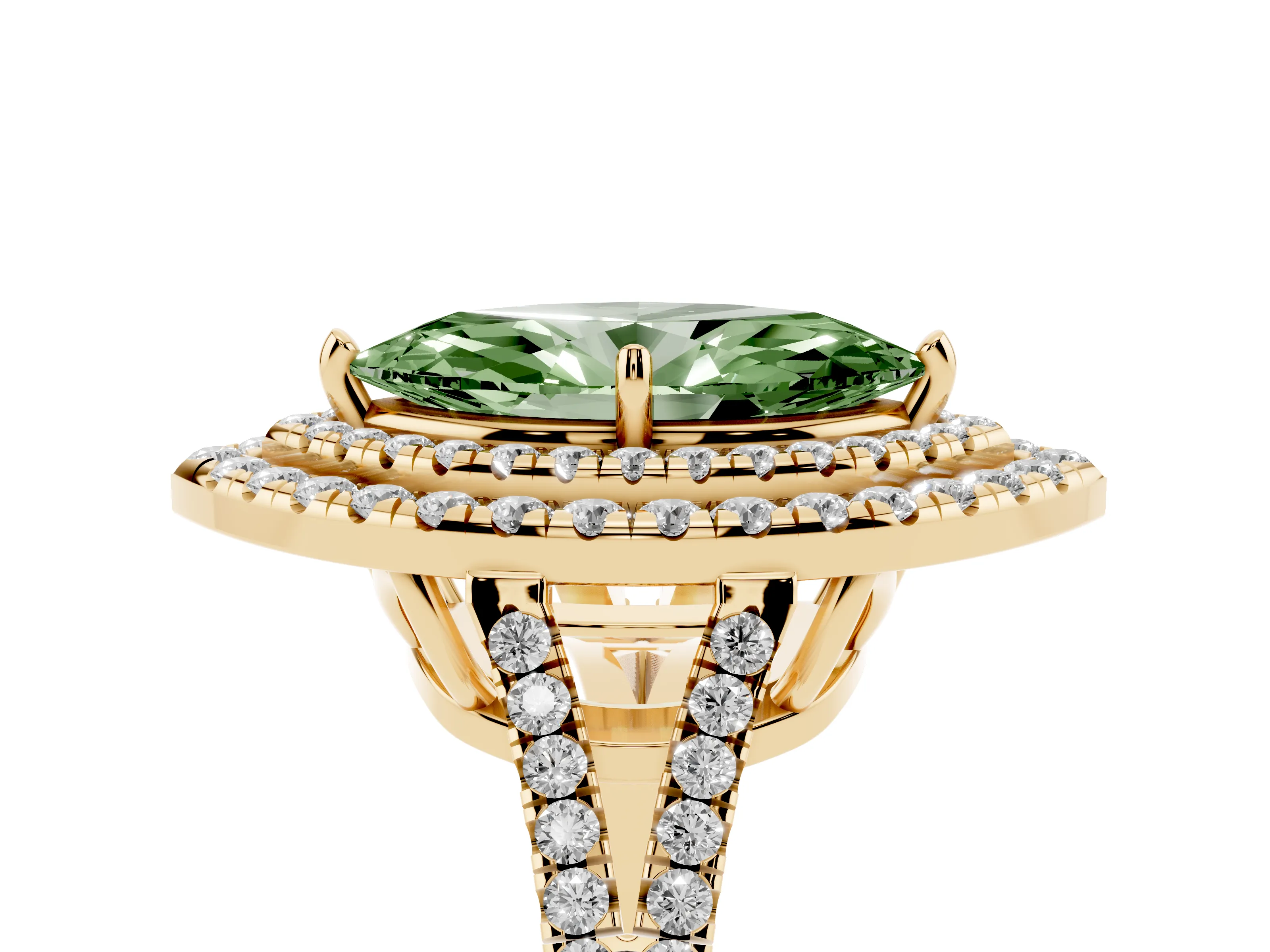 Fancy Green Marquise Cut Diamond Double Halo Ring Set in Yellow gold with Pavé Band