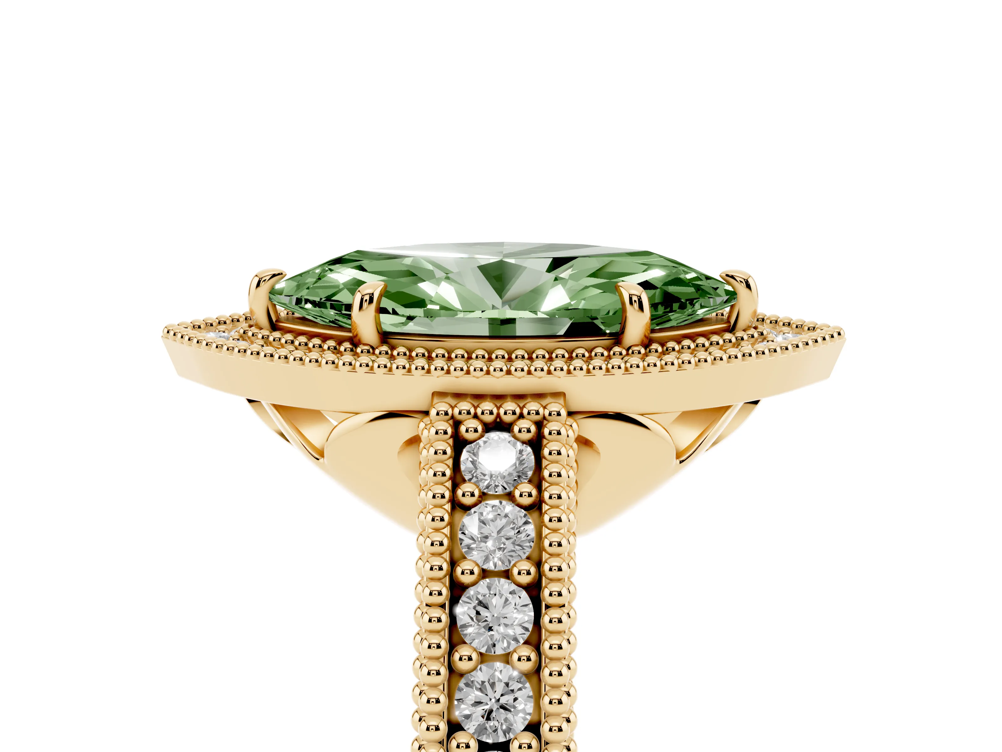 Fancy Green Marquise Cut Diamond Halo Ring Set in Yellow gold with Round Accent Halo, Pavé Band and Prong Setting