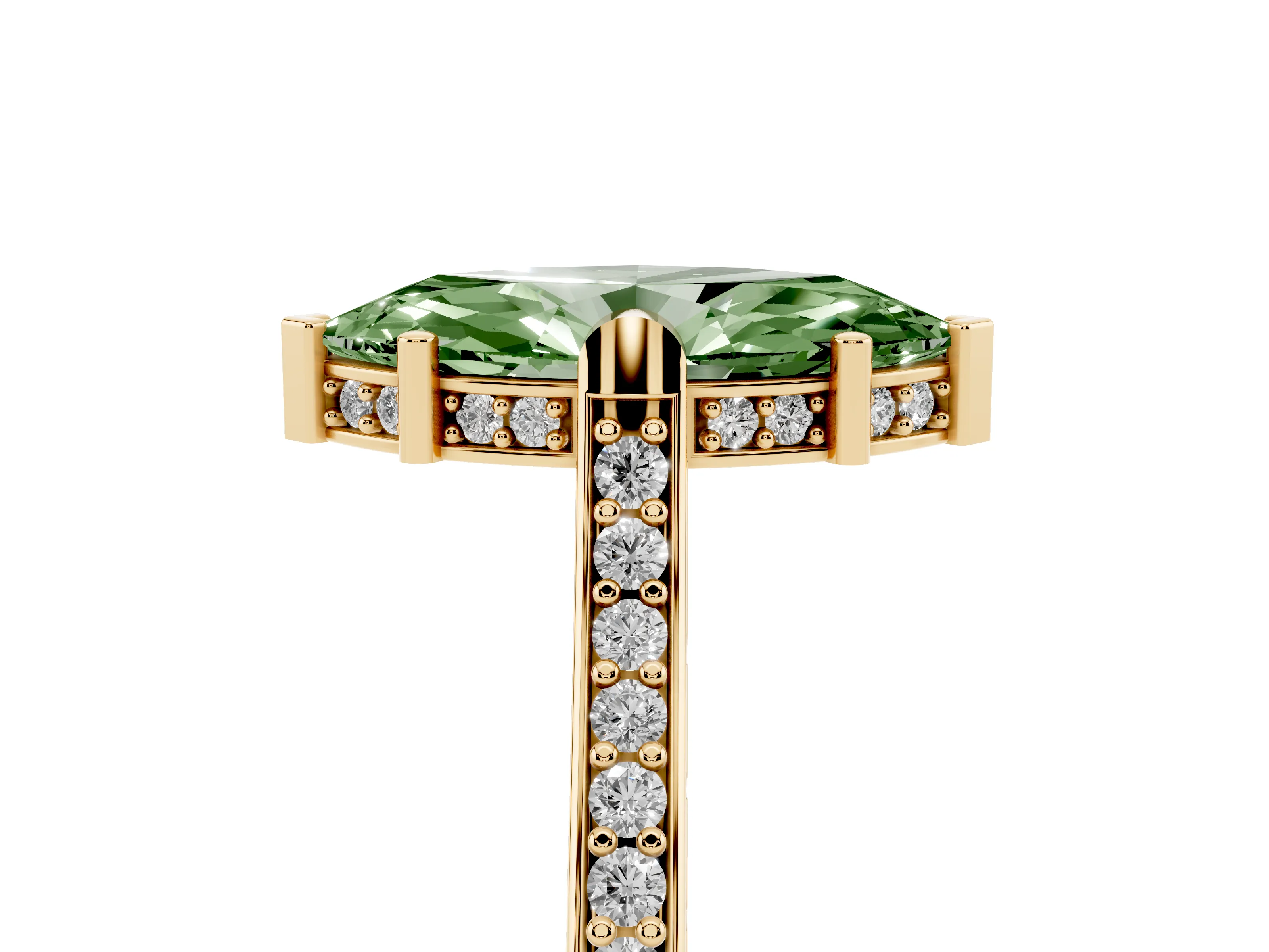 Fancy Green Marquise Cut Diamond Solitaire Ring Set in Yellow gold with Channel Set Band and Bezel Prong Setting