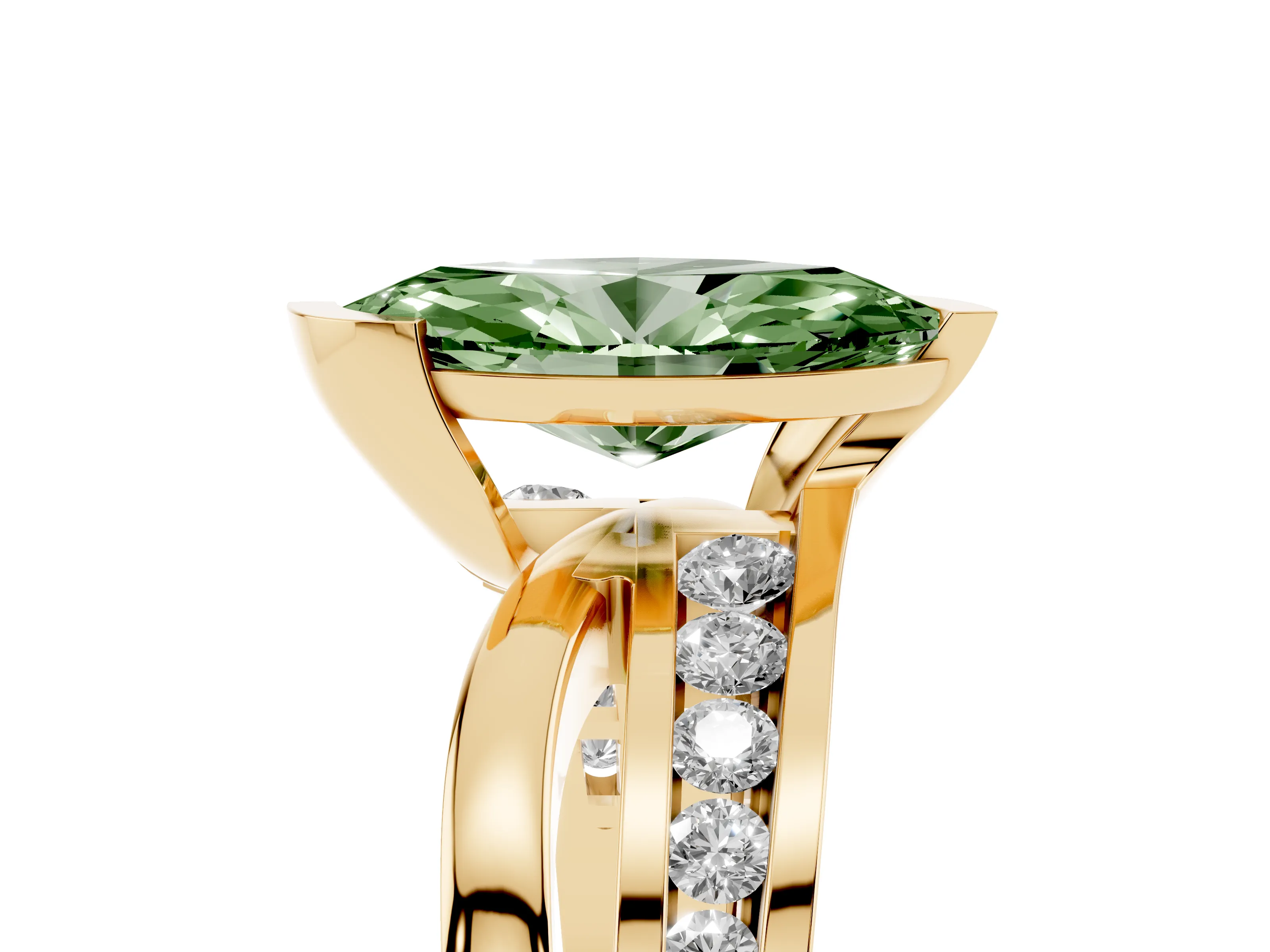 Fancy Green Marquise Cut Diamond Solitaire Ring Set in Yellow gold with Channel Set Split Shank and Tension Prongs