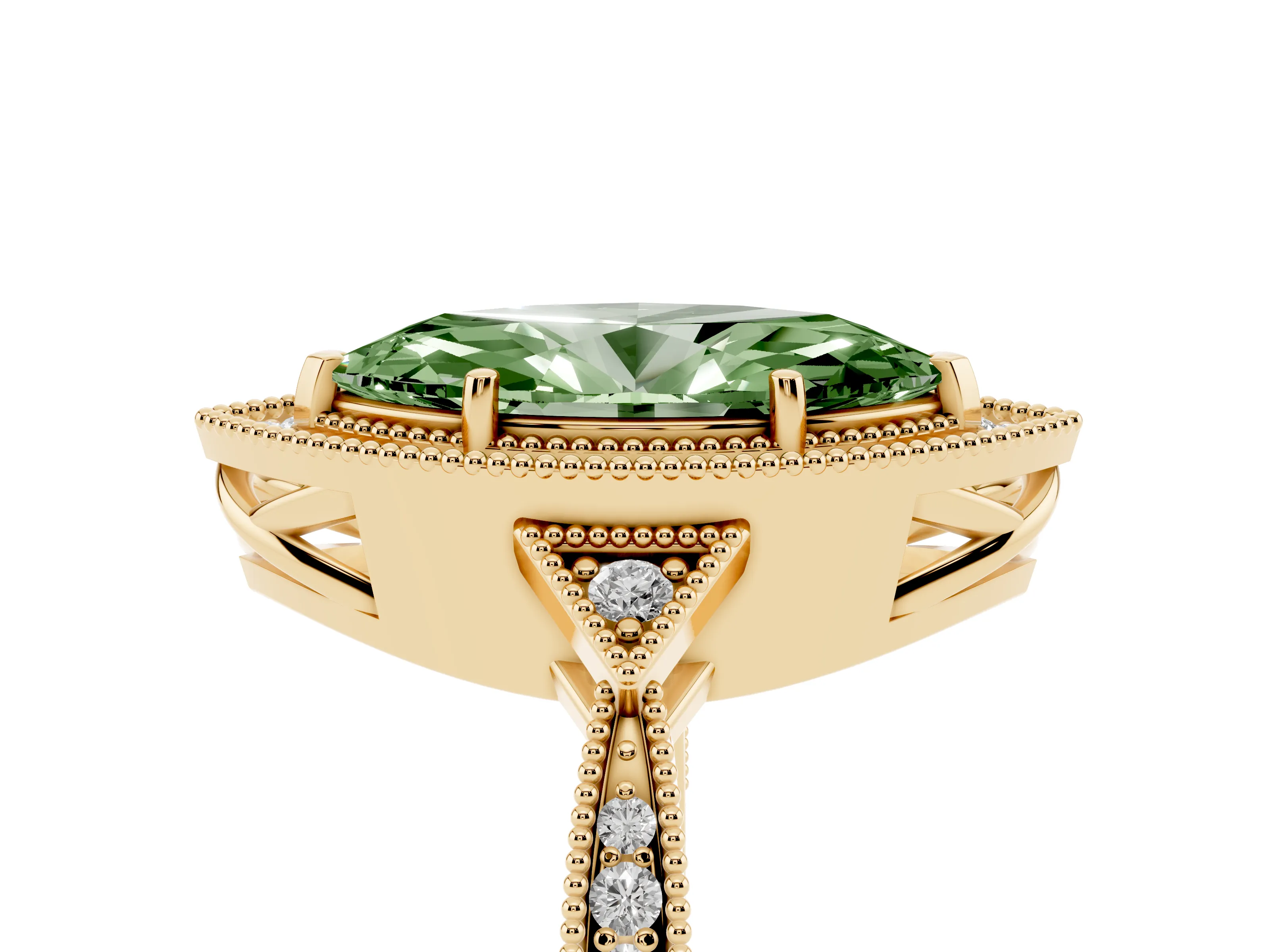 Fancy Green Marquise Cut Diamond Halo Engagement Ring Set in Yellow gold with Milgrain Pavé Band