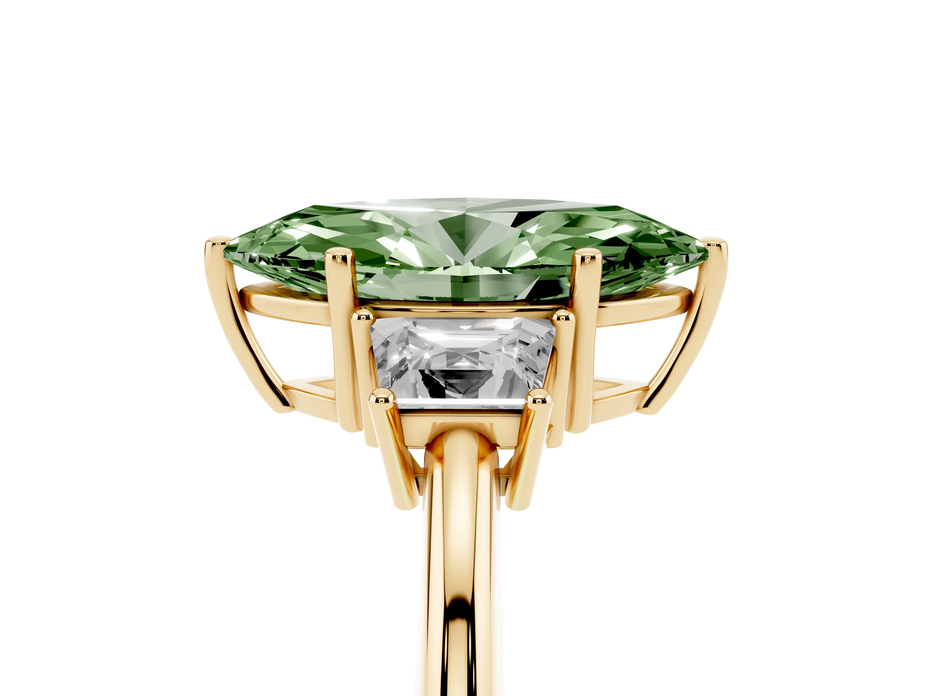 Fancy Green Marquise Cut Diamond Three-Stone Ring Set in Yellow gold with Trapezoid Side Stones and Prong Setting