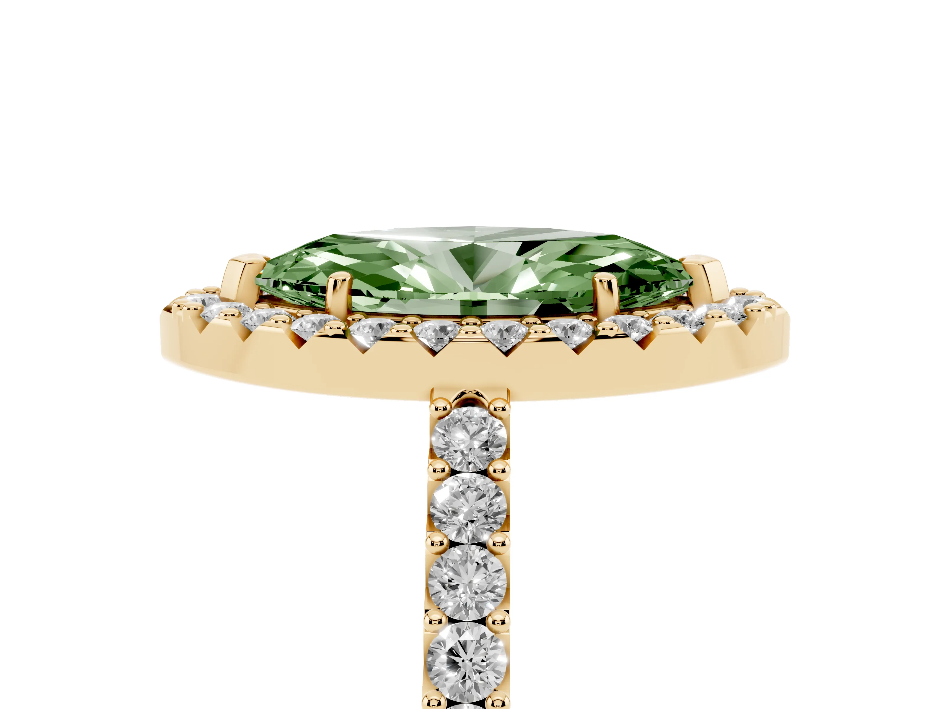 Fancy Green Marquise Cut Diamond Halo Pavé Solitaire Ring Set in Yellow gold with Prong-Set Center Stone