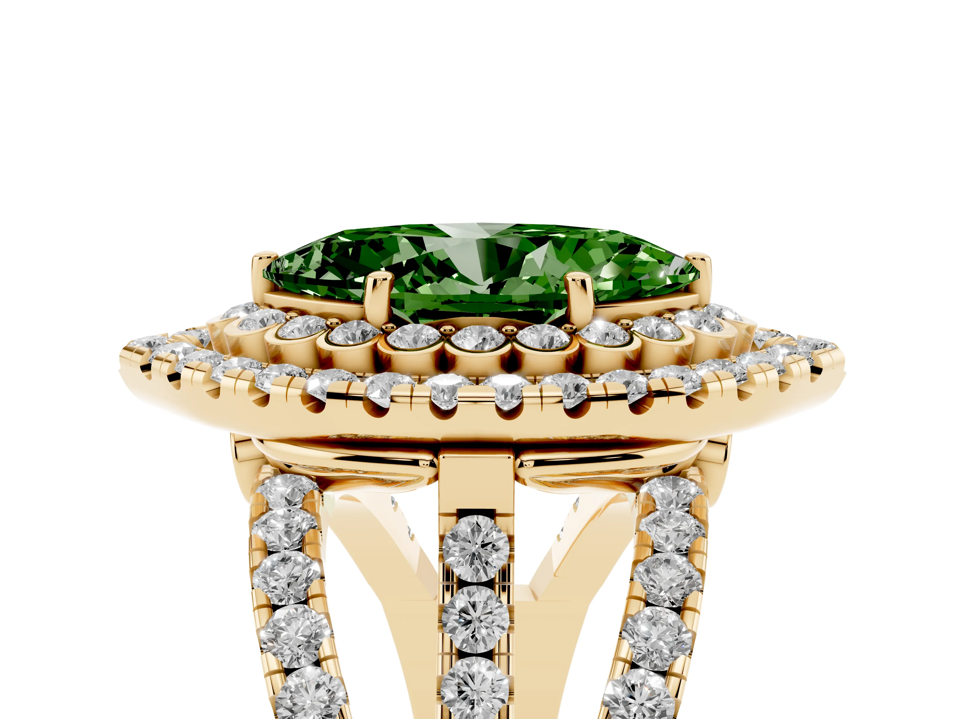 Fancy Green Marquise Cut Diamond Double Halo Ring Set in Yellow gold with Round Pavé Split Shank