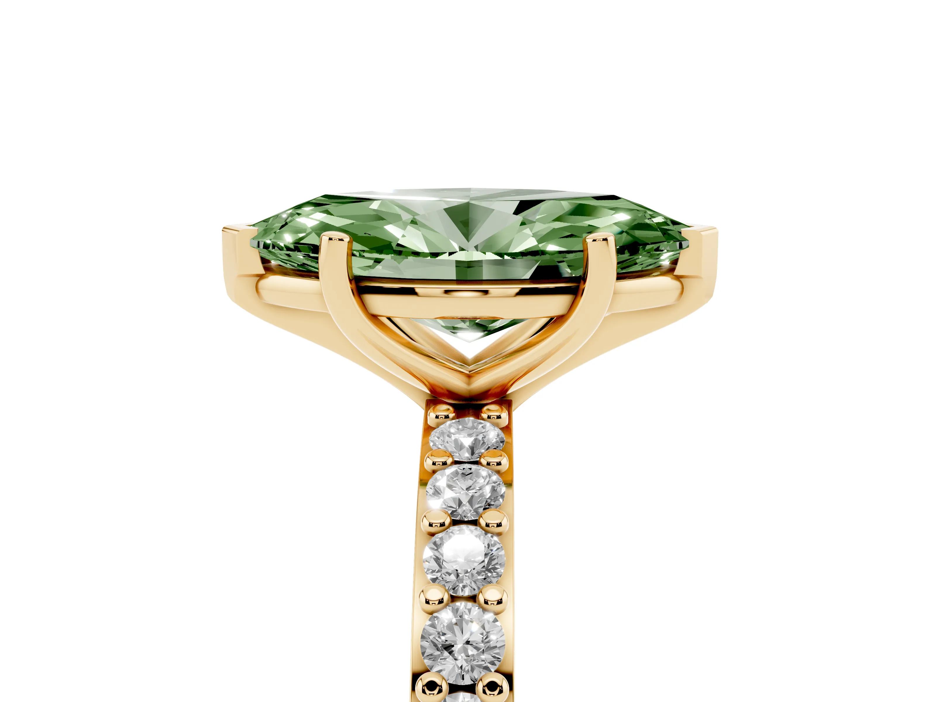 Fancy Green Marquise Cut Diamond Solitaire Set in Yellow gold with Round Pavé Band and Prong Setting