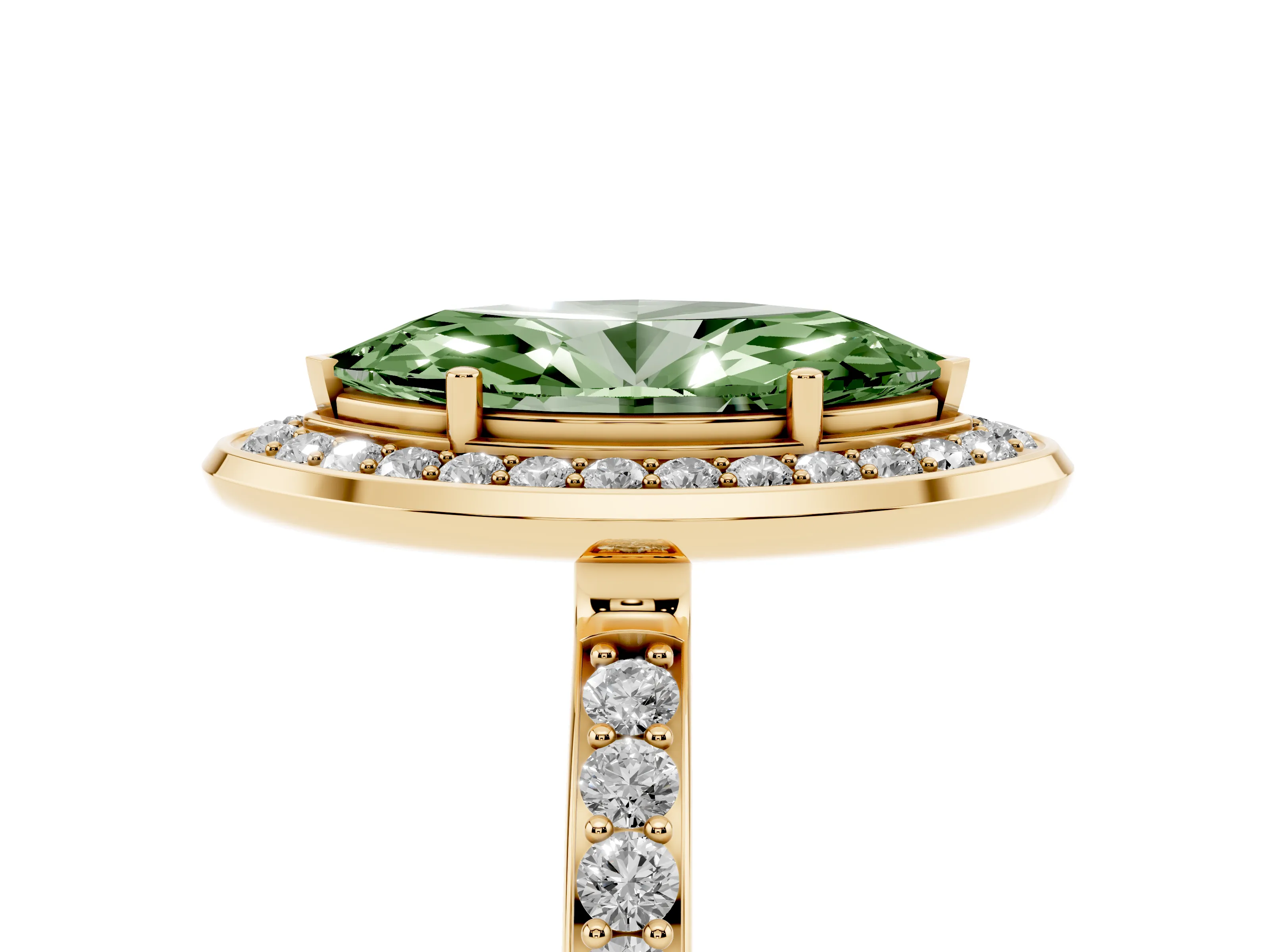 Fancy Green Marquise Cut Diamond Halo Ring Set in Yellow gold with Bezel Frame and Pavé Band