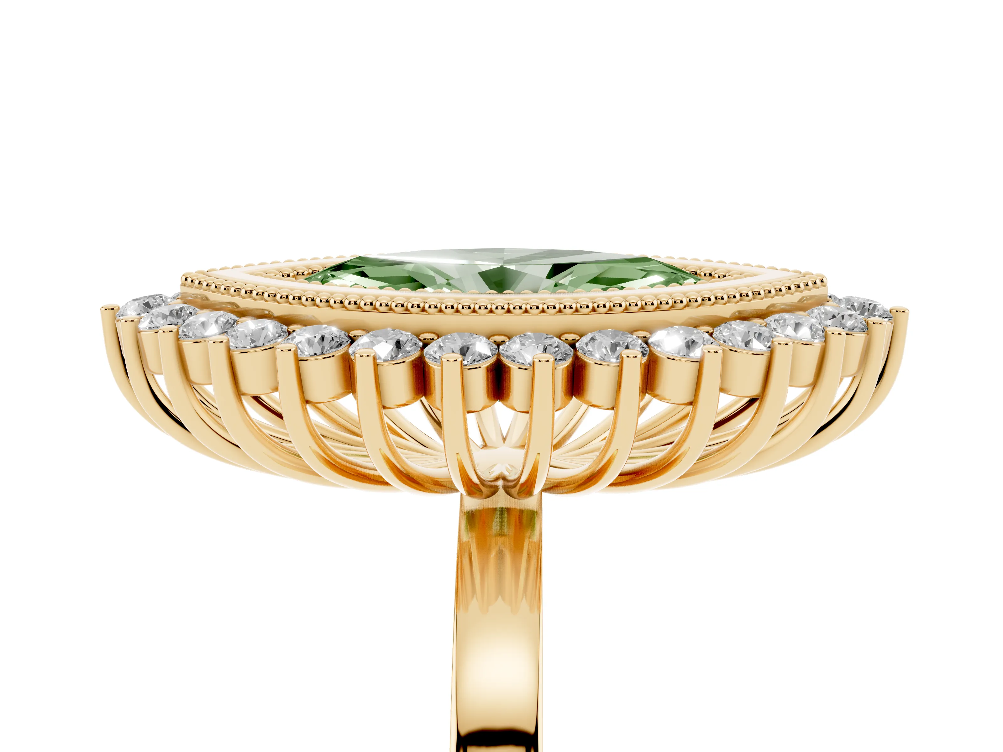 Fancy Green Marquise Cut Diamond Halo Ring Set in Yellow gold with Milgrain Edge and Round Prong Setting