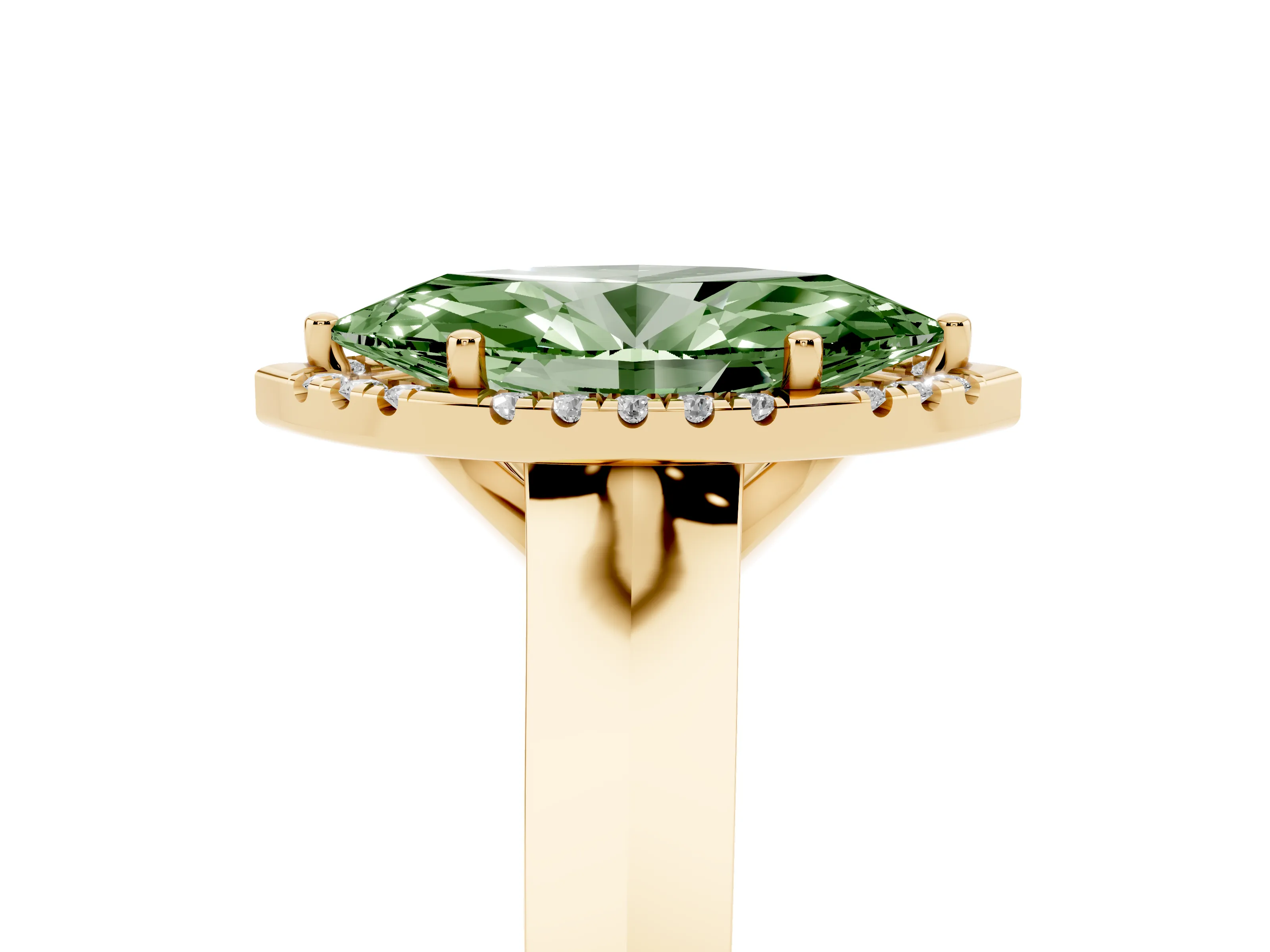 Fancy Green Marquise Cut Diamond Halo Ring Set in Yellow gold with Cathedral Band and Prong Setting
