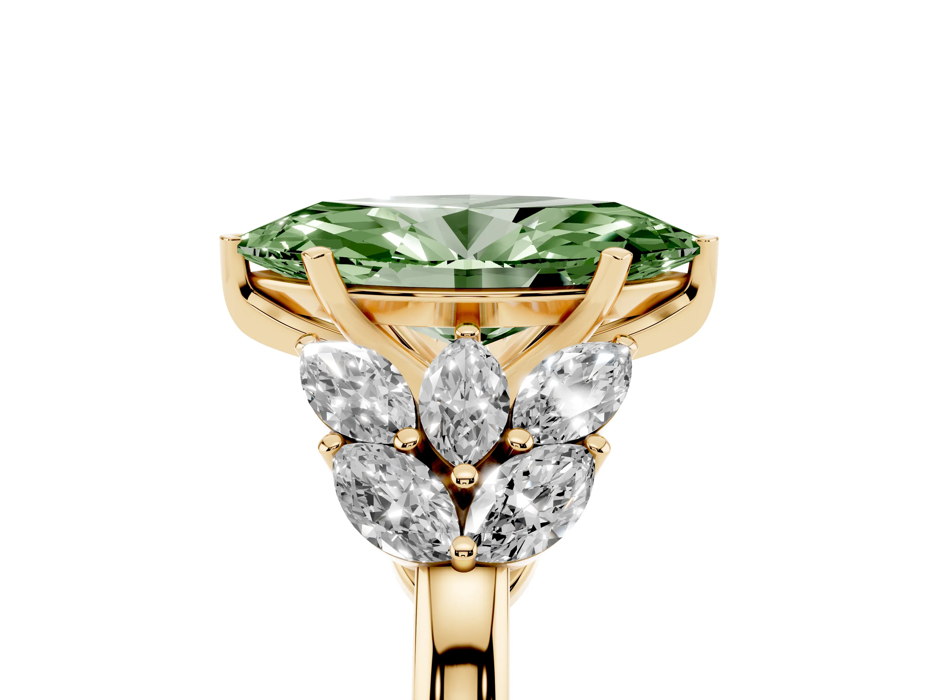 Fancy Green Marquise Cut Diamond Cluster Leaf Design Ring Set in Yellow gold with Prong Setting