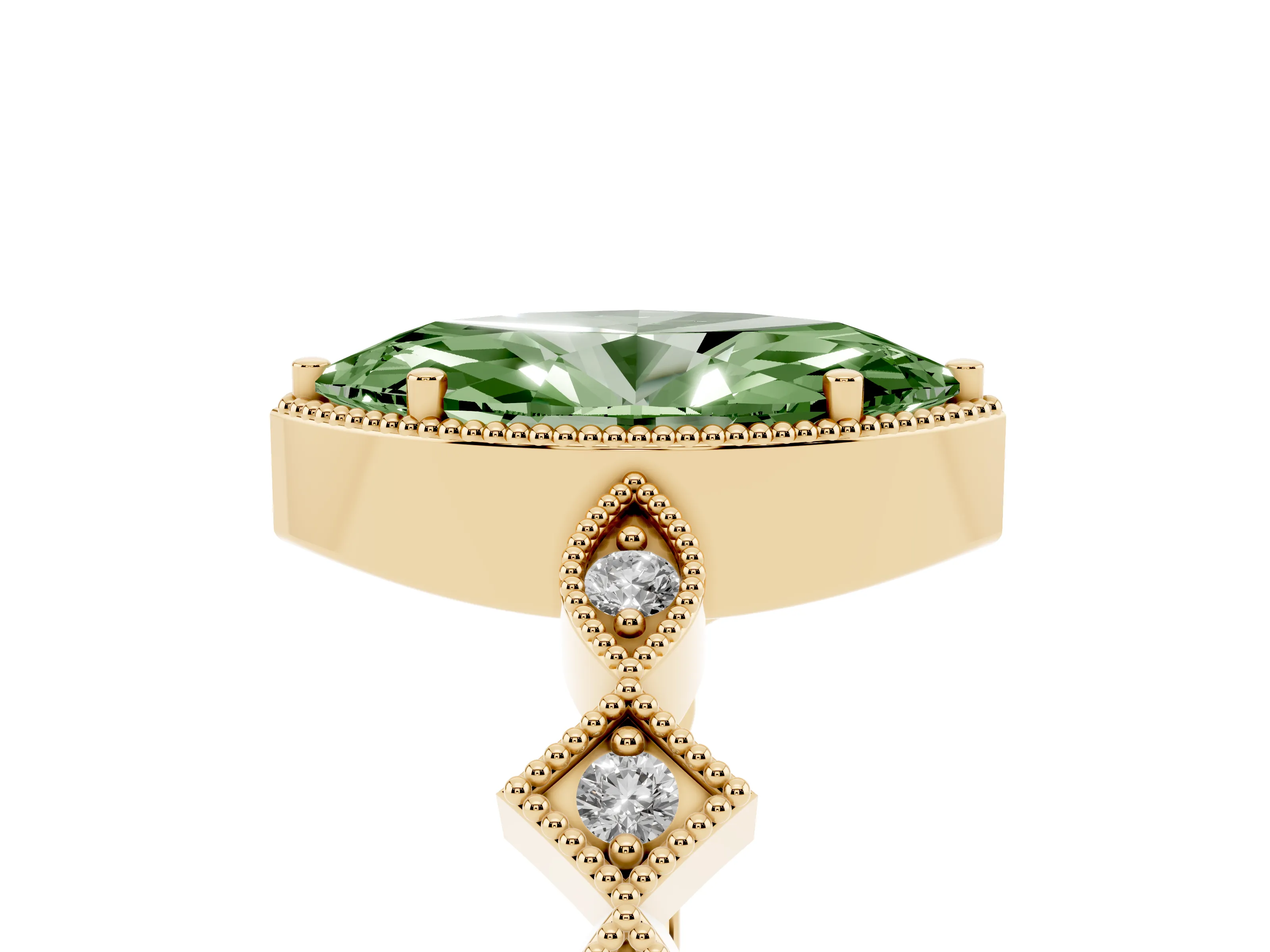 Fancy Green Marquise Cut Diamond Milgrain Marquise Twist Band Ring Set in Yellow gold with Prong Setting