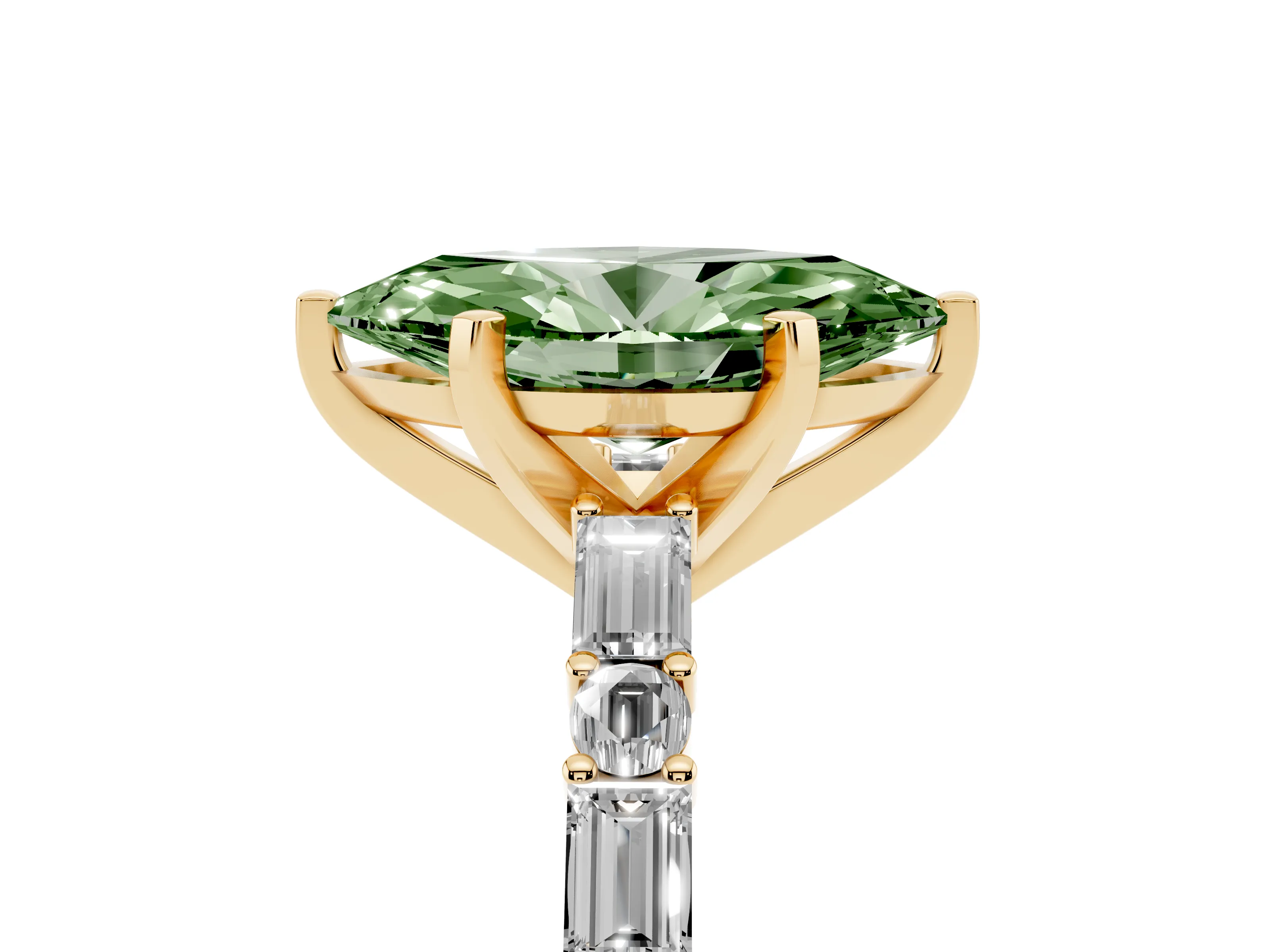 Fancy Green Marquise Cut Diamond Solitaire Set in Yellow gold with Side Baguettes and Channel Set Band