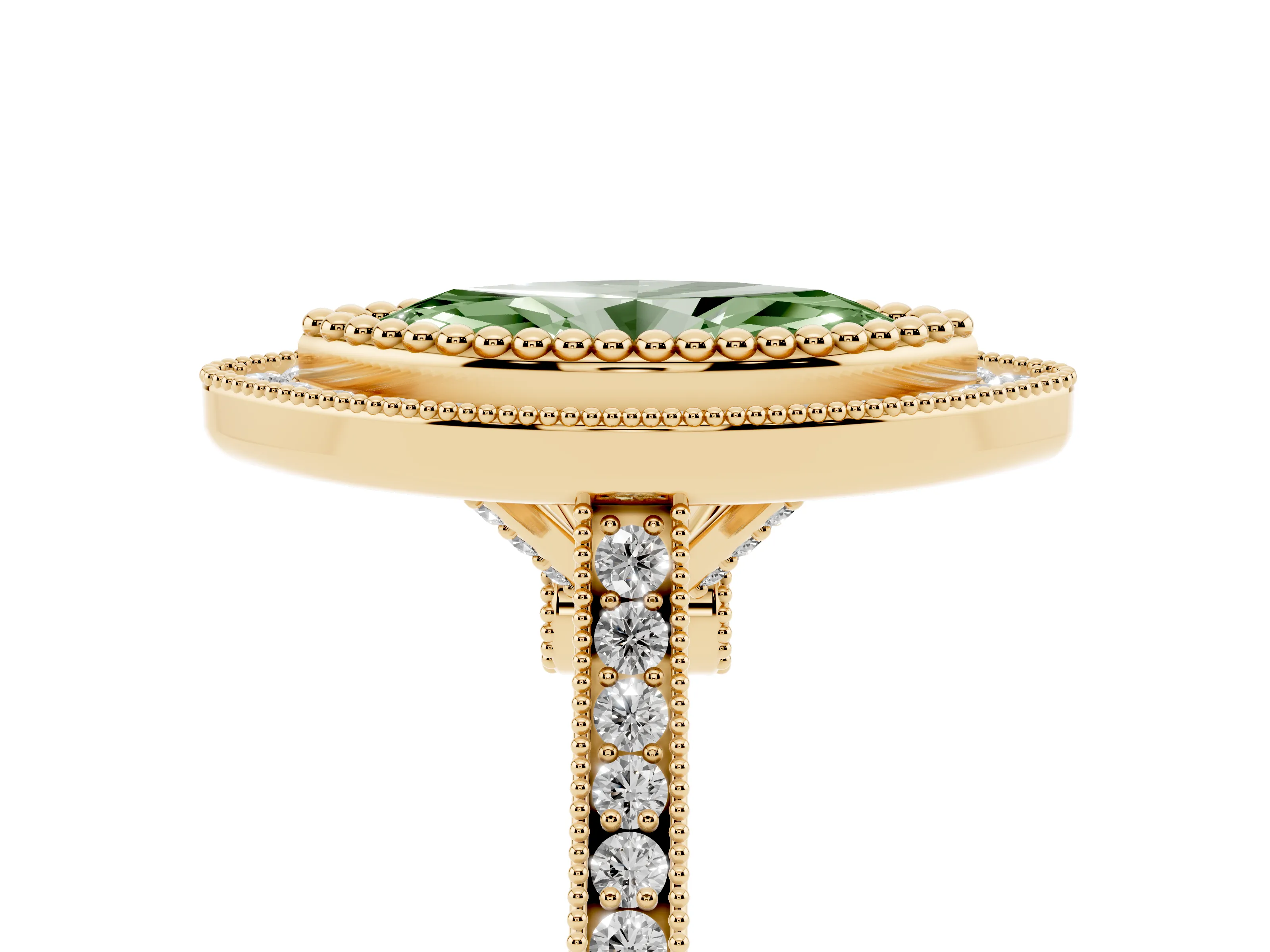 Fancy Green Marquise Cut Diamond Halo Ring Set in Yellow gold with Milgrain Frame and Pavé Band