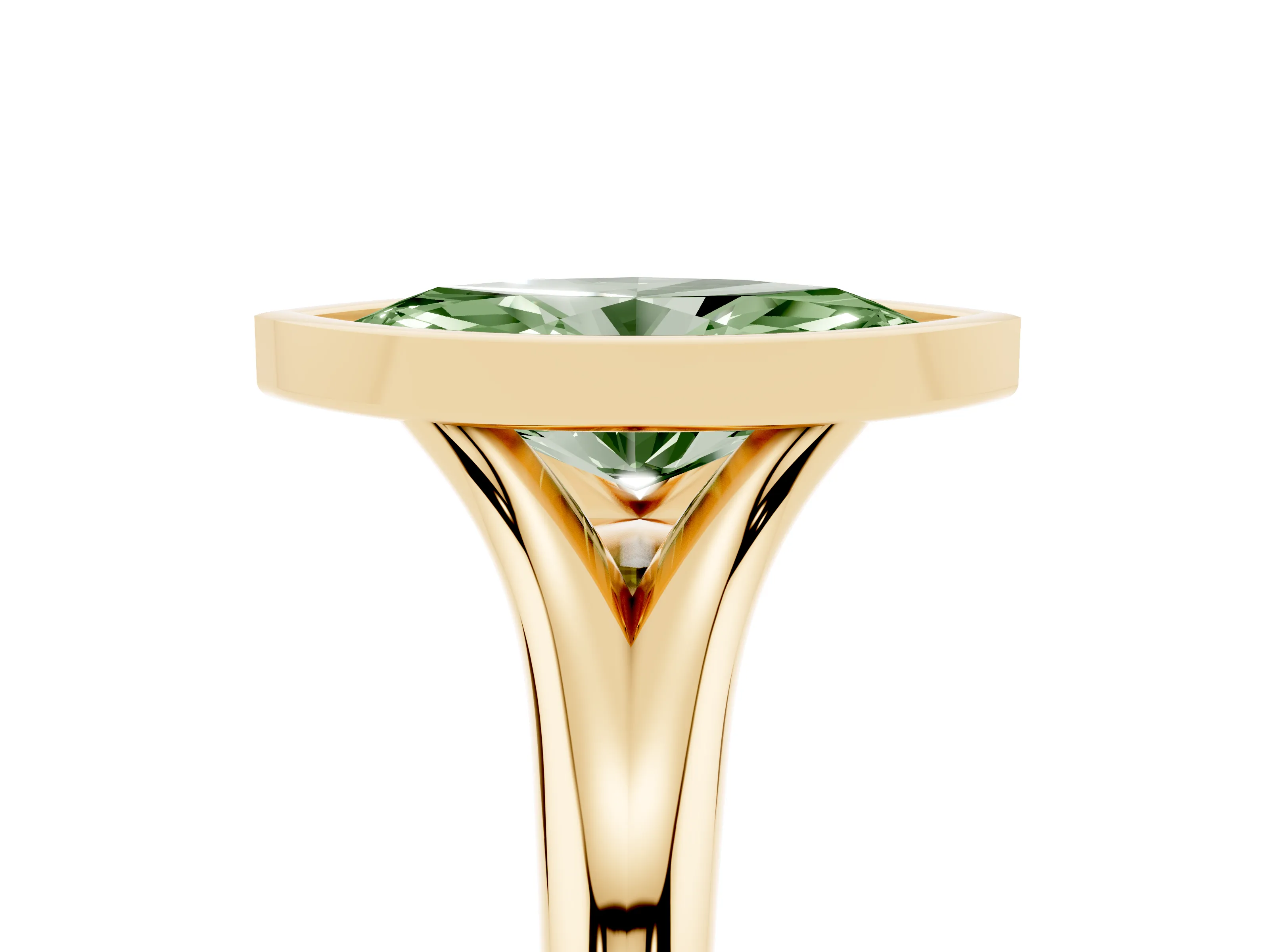 Fancy Green Bezel Set Marquise Cut Diamond Solitaire Ring Set in Yellow gold with Smooth Band
