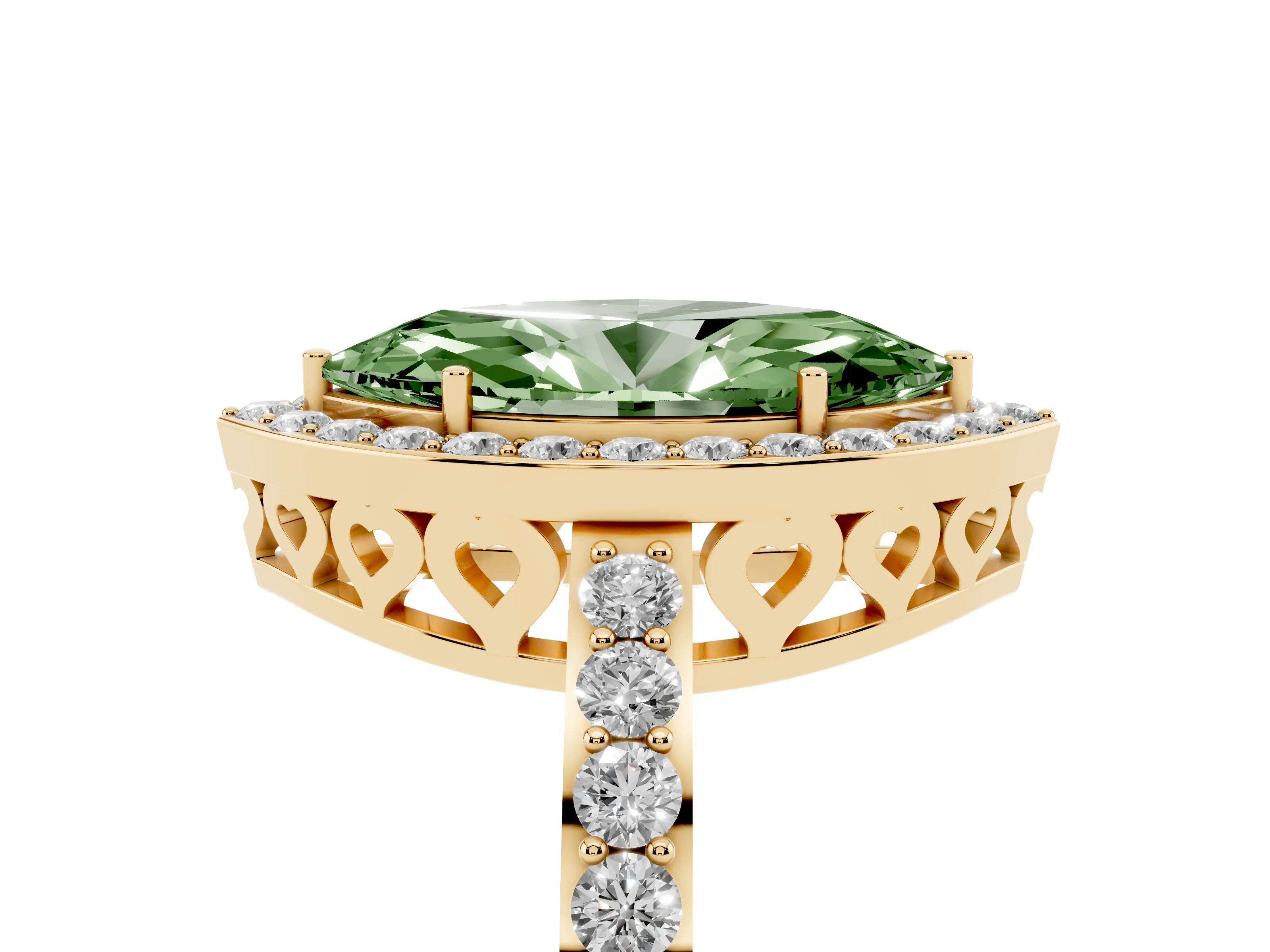 Fancy Green Marquise Cut Diamond Halo Ring Set in Yellow gold with Pavé-Setting Band and Open Prong Center