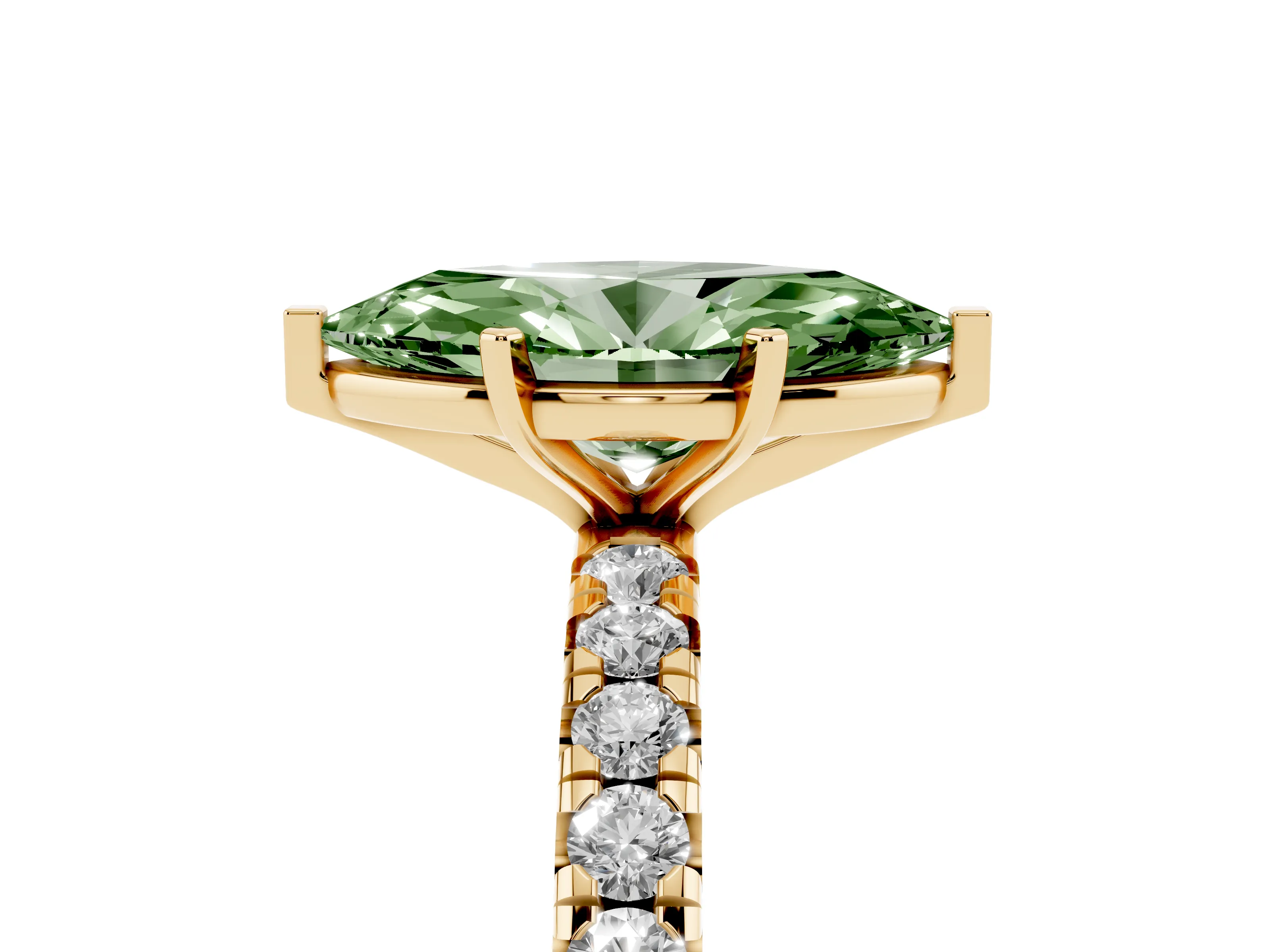 Fancy Green Marquise Cut Diamond Pavé Solitaire Ring Set in Yellow gold with Round Band and Prong Setting