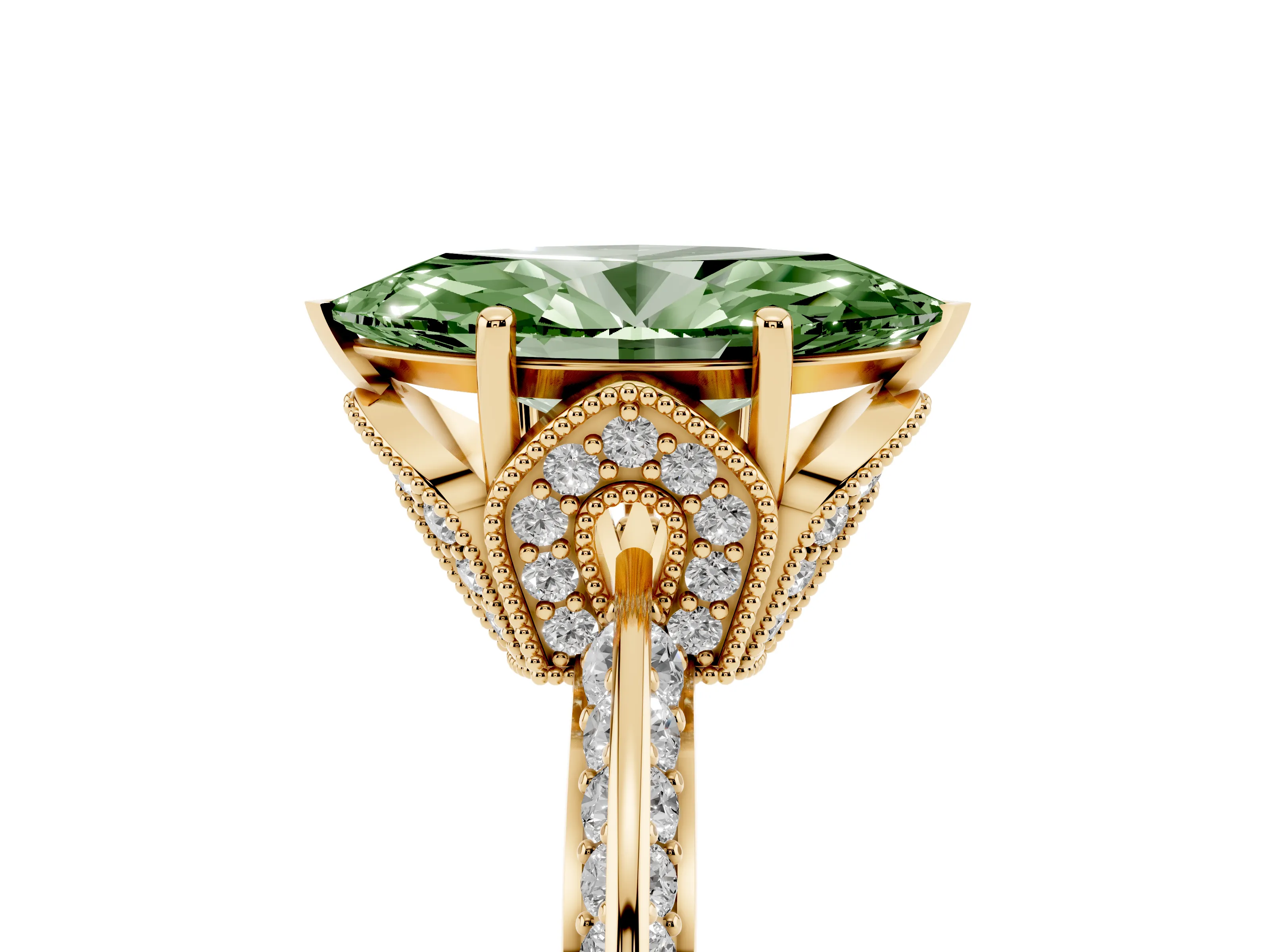 Fancy Green Marquise Cut Diamond Solitaire Engagement Ring Set in Yellow gold with Pavé Split Shank and Prong Setting