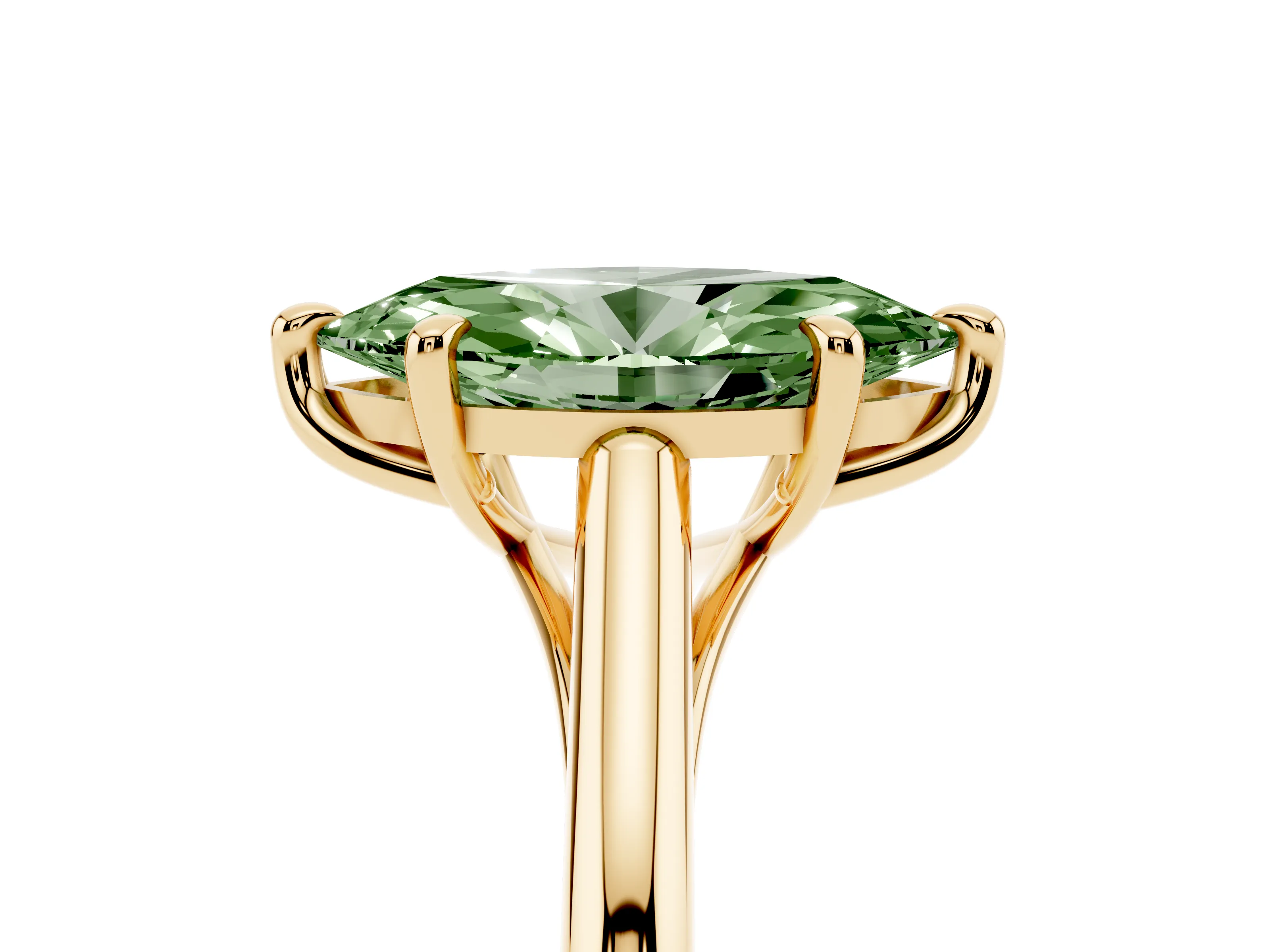 Fancy Green Marquise Cut Diamond Solitaire Engagement Ring Set in Yellow gold with Prong Setting and Plain Classic Band