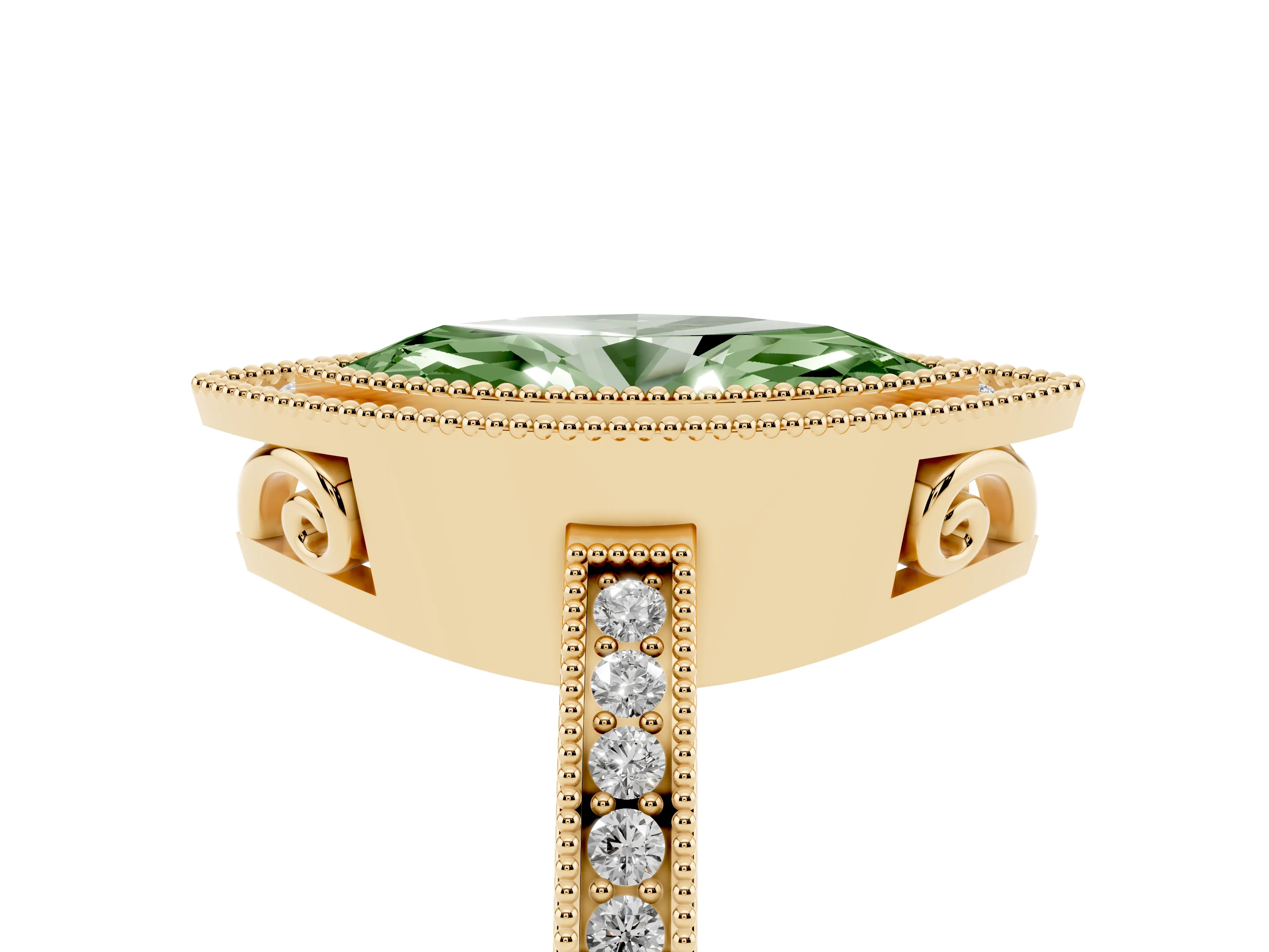 Fancy Green Marquise Cut Diamond Halo Ring Set in Yellow gold with Pavé Band and Milgrain-Edged Prongs