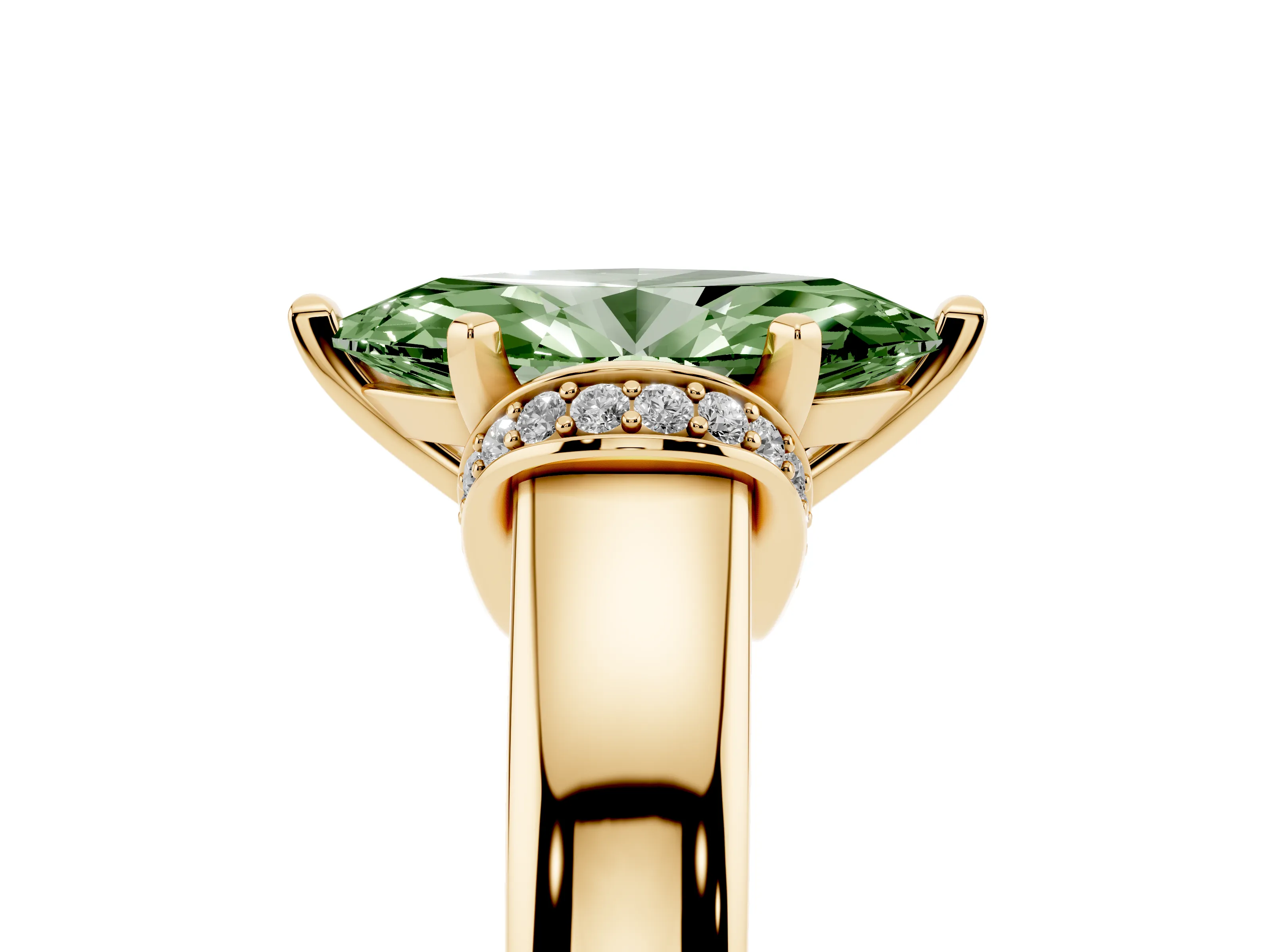 Fancy Green Marquise Cut Diamond Pavé Band Solitaire Ring Set in Yellow gold with Prong Setting
