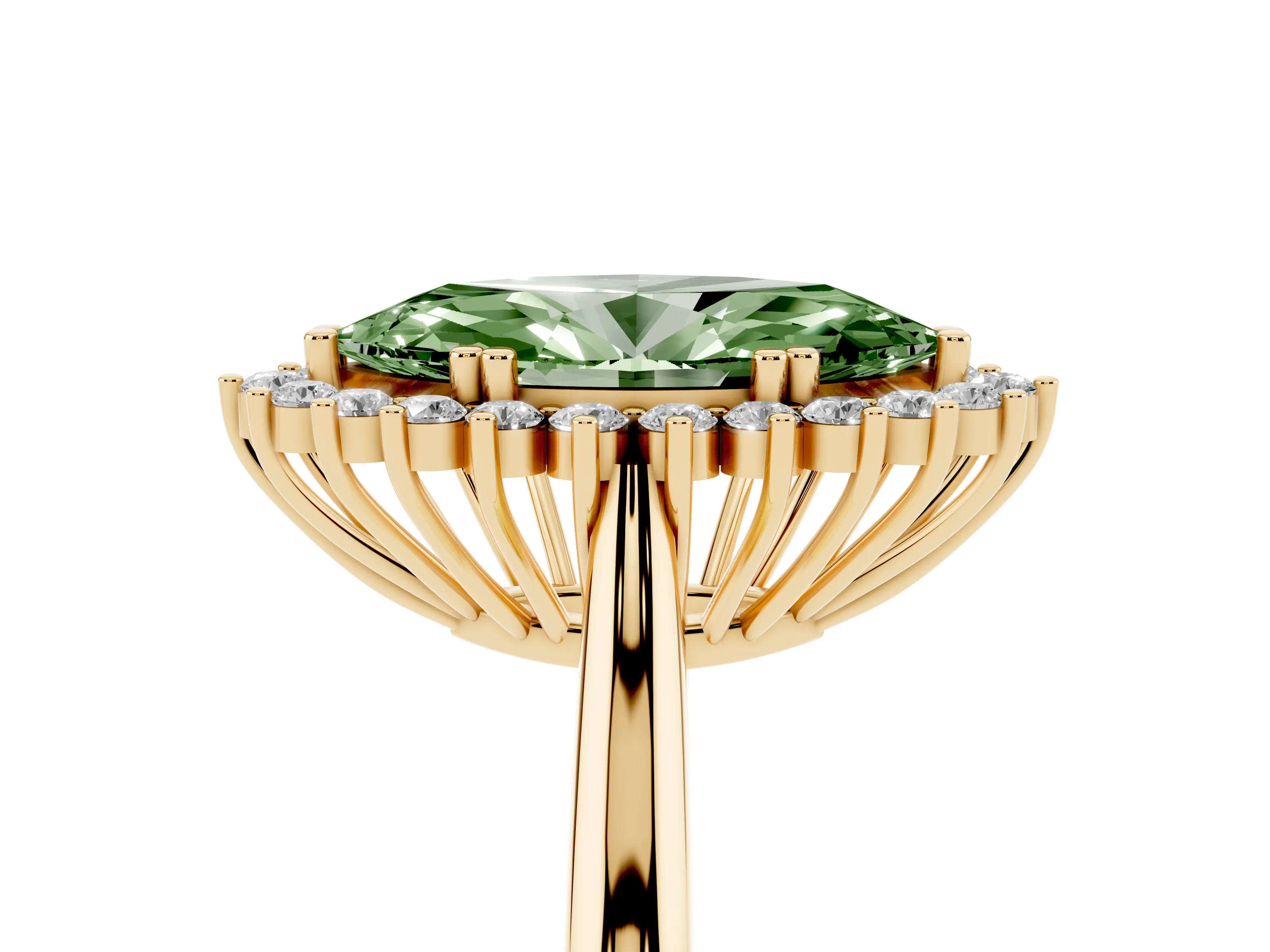 Fancy Green Marquise Cut Diamond Halo Ring Set in Yellow gold with Plain Solitaire Band and Prong Setting