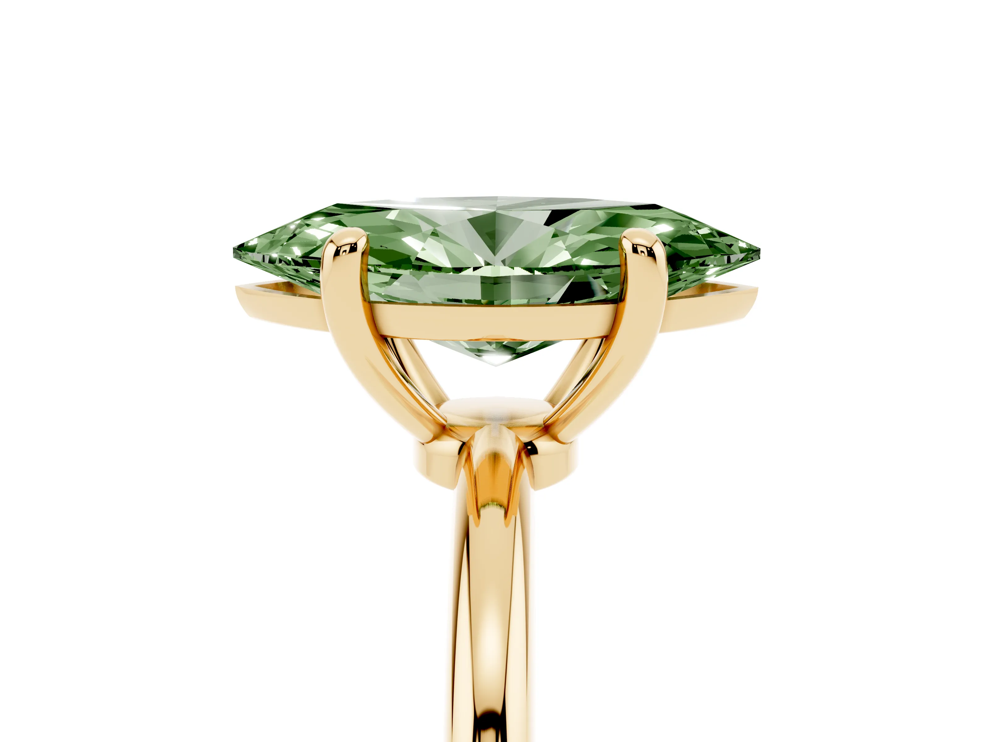 Fancy Green Marquise Cut Diamond Solitaire Ring Set in Yellow gold with Secure Prong Setting on a Classic Band