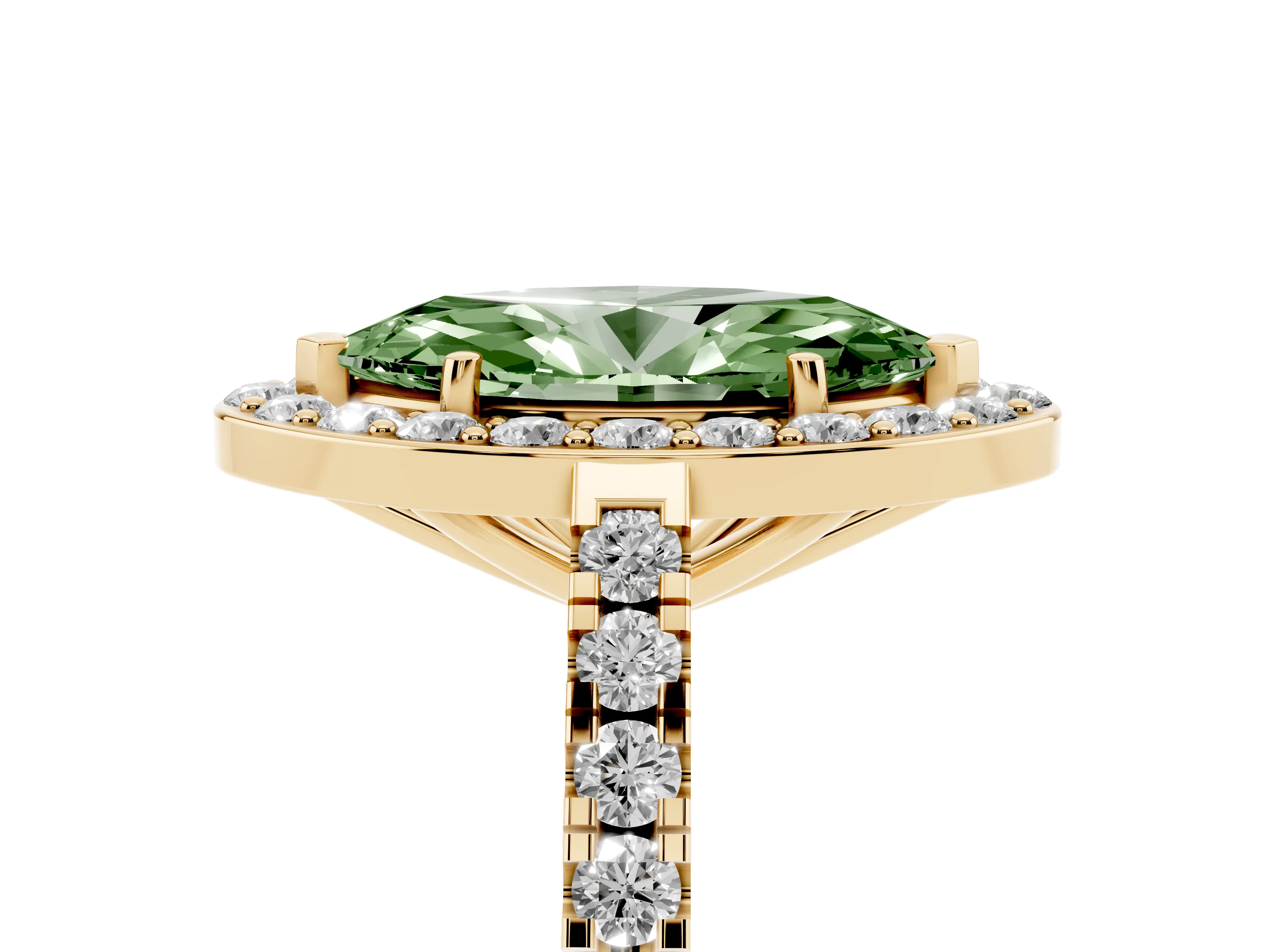 Fancy Green Marquise Cut Diamond Halo Ring Set in Yellow gold with Round Pavé Split Shank and Prong Setting