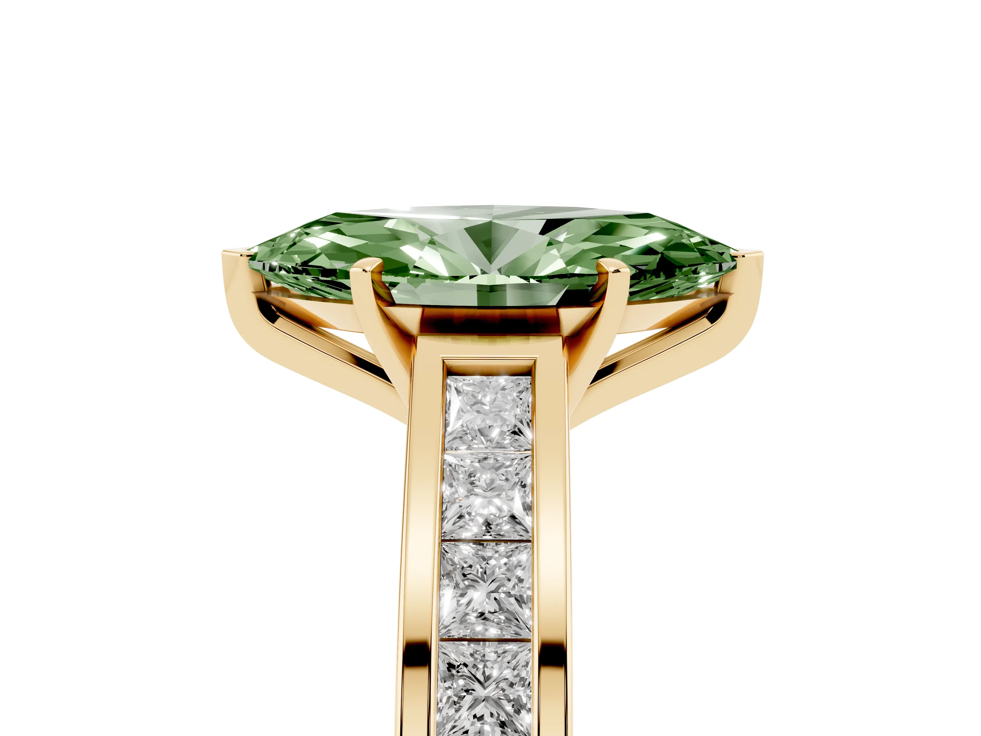 Fancy Green Marquise Cut Diamond Solitaire Ring Set in Yellow gold with Channel-Set Band and Prong Setting