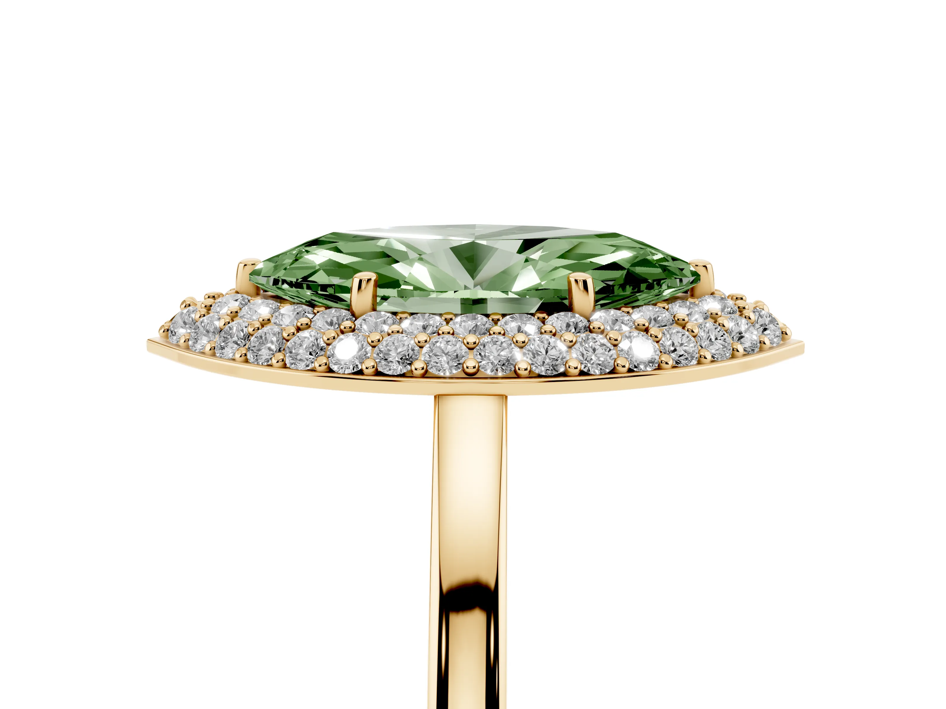 Fancy Green Marquise Cut Diamond Halo Engagement Ring Set in Yellow gold with Solitaire Band and Prong Setting
