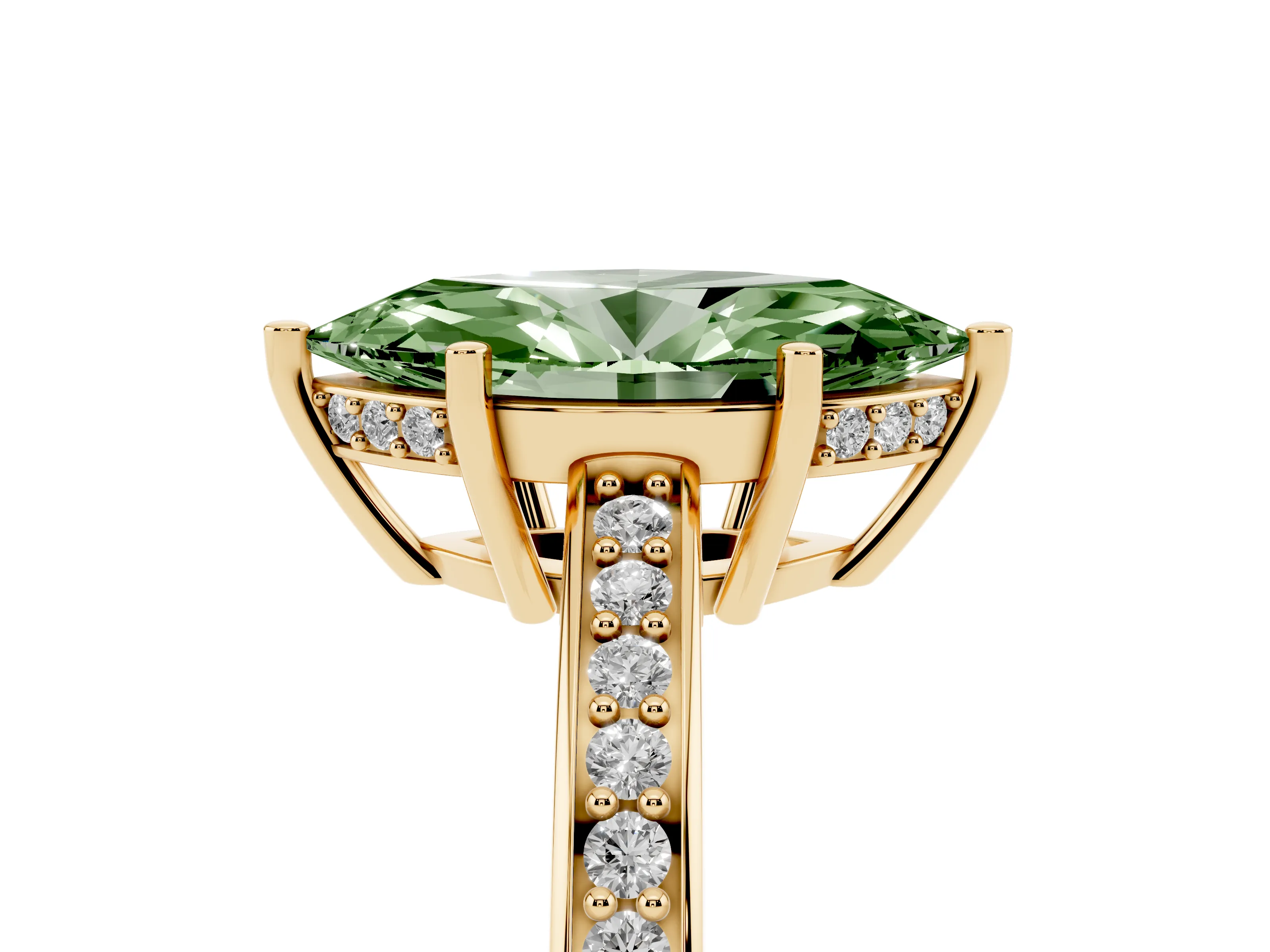 Fancy Green Marquise Cut Diamond Pavé Band Prong Set Solitaire Ring Set in Yellow gold