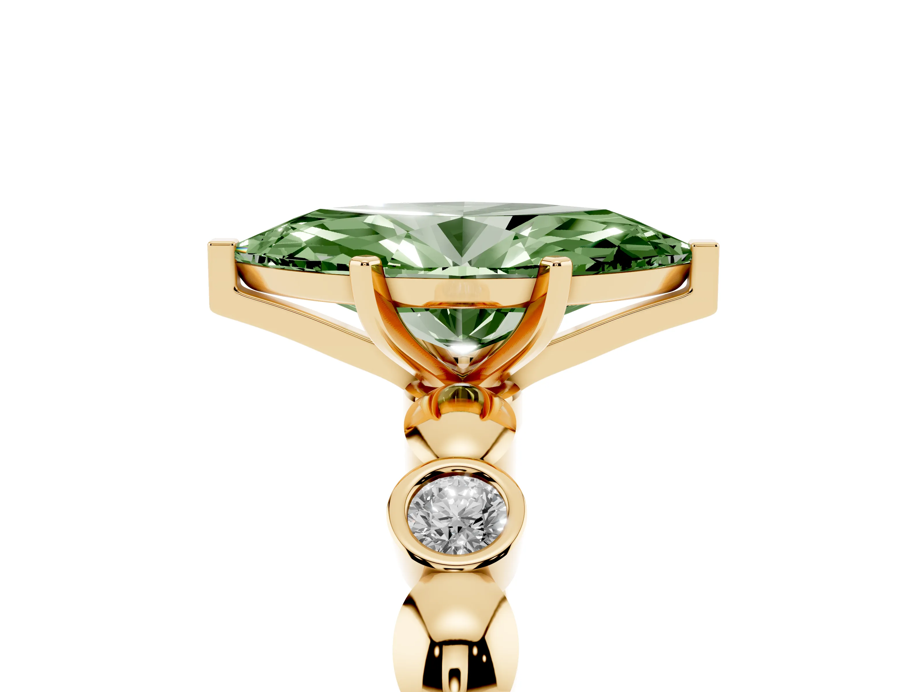 Fancy Green Marquise Cut Diamond Solitaire Ring Set in Yellow gold with Bezel-Set Accents on Beaded Band and Prong Setting