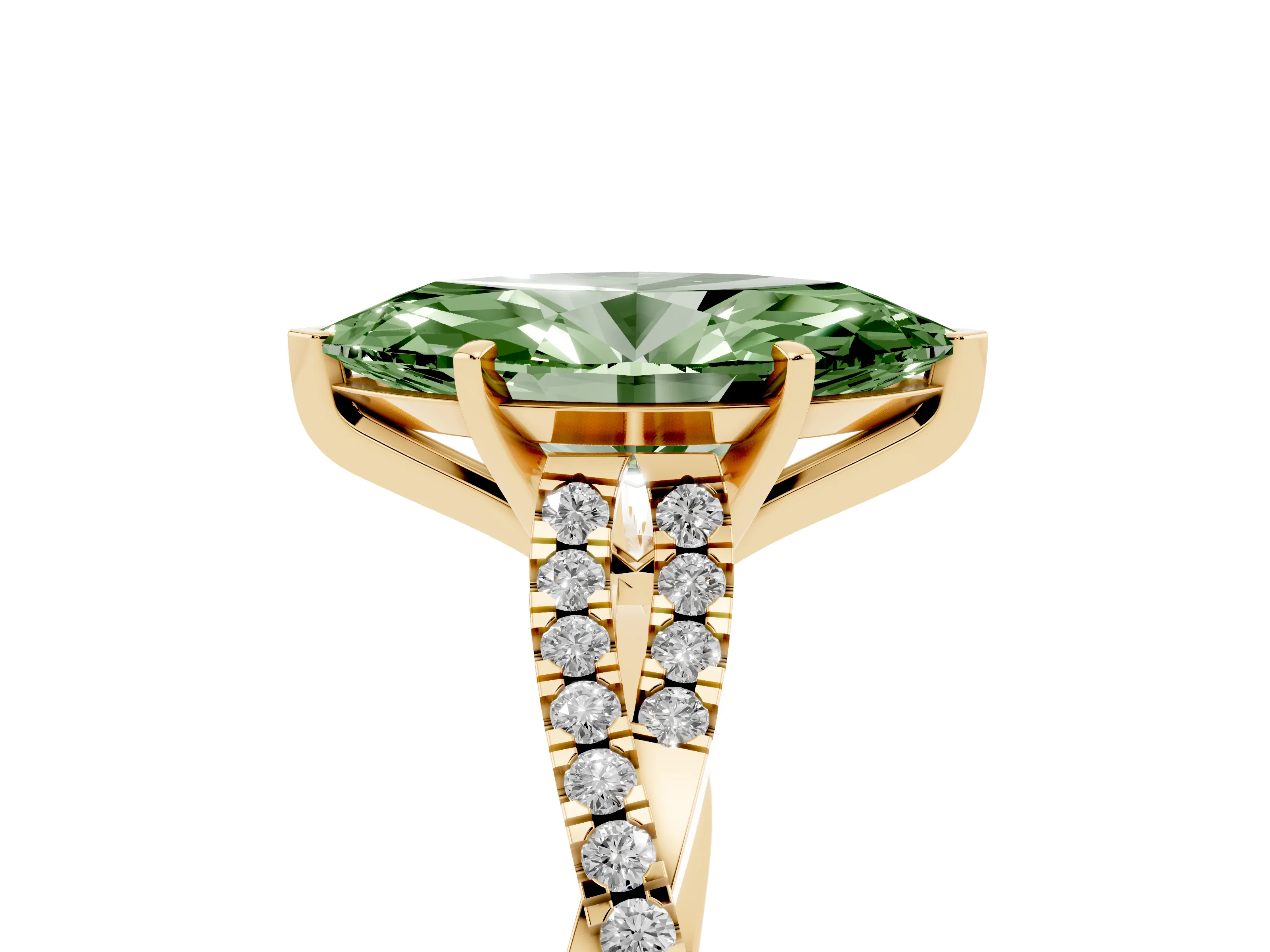 Fancy Green Marquise Cut Diamond Solitaire Engagement Ring Set in Yellow gold with Twisted Pavé Band and Prong Setting