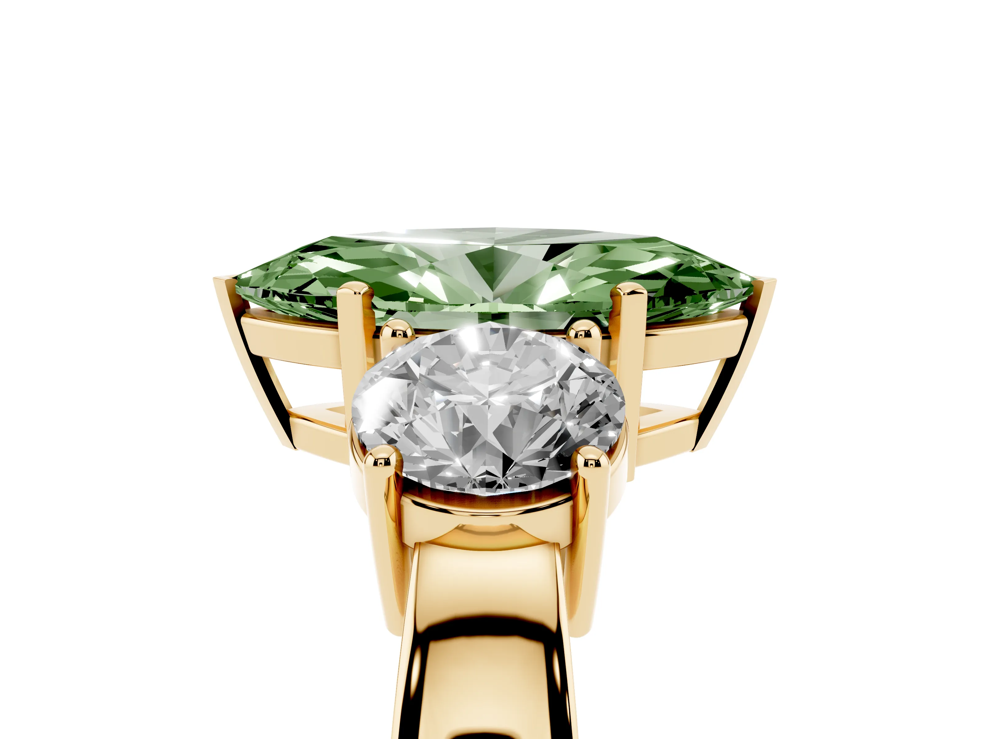Fancy Green Marquise Cut Diamond Three-Stone Ring Set in Yellow gold with Round Side Stones and Classic Band