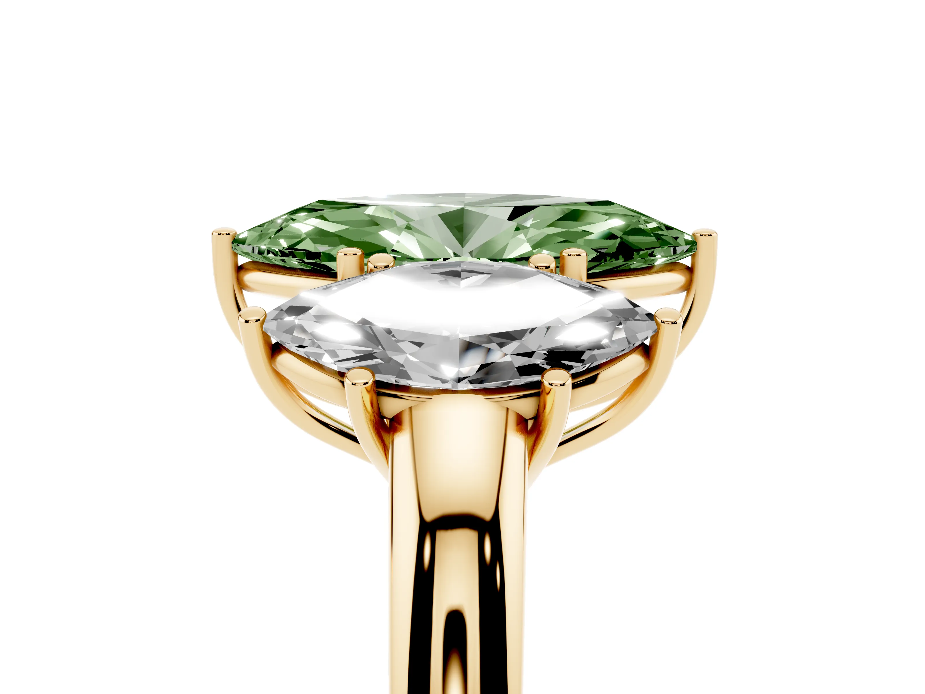 Fancy Green Marquise Cut Diamond Three-Stone Ring Set in Yellow gold with Bold Center and Classic Band