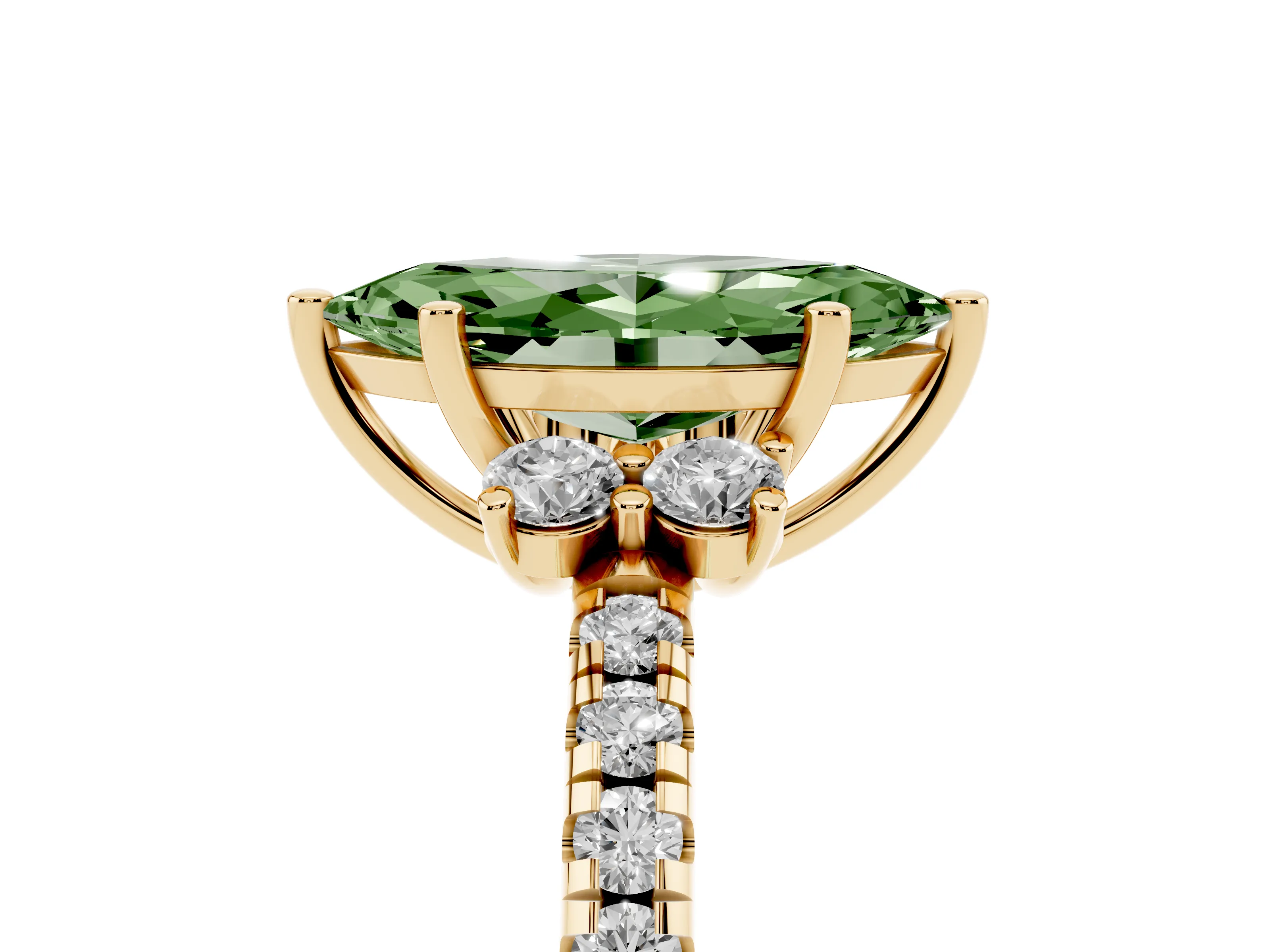 Fancy Green Marquise Cut Diamond Three-Stone Pavé Ring Set in Yellow gold with Prong Setting