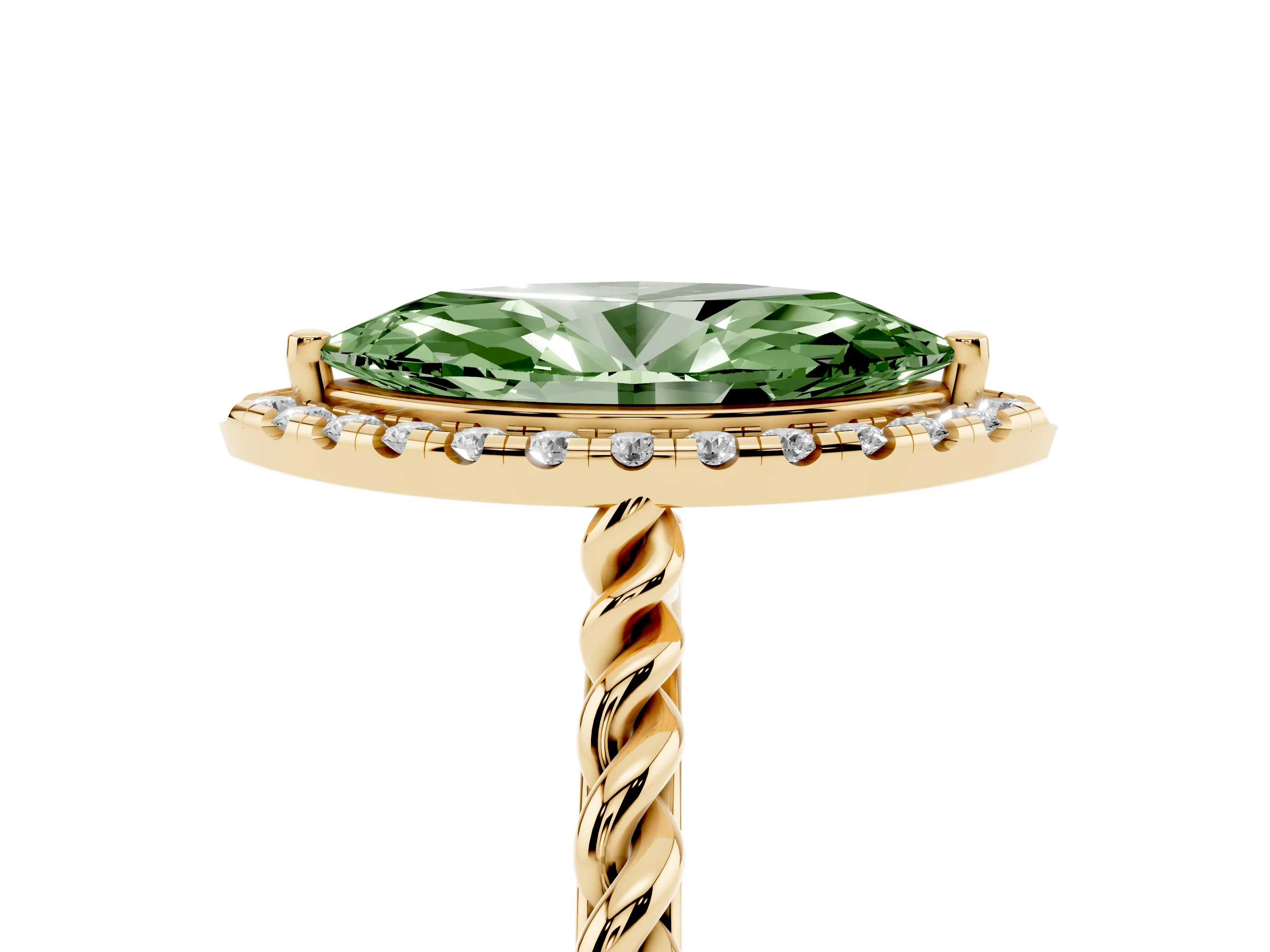 Fancy Green Marquise Cut Diamond Halo Ring Set in Yellow gold with Plain Twisted Band