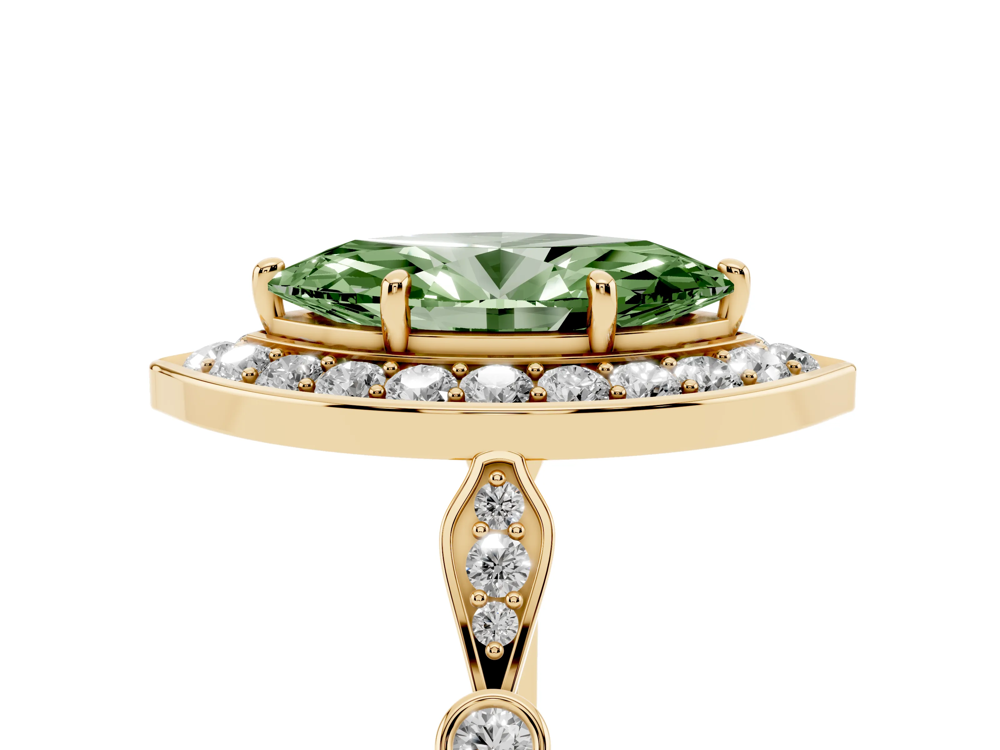 Fancy Green Marquise Cut Diamond Halo Engagement Ring Set in Yellow gold with Twisted Band and Prong Setting