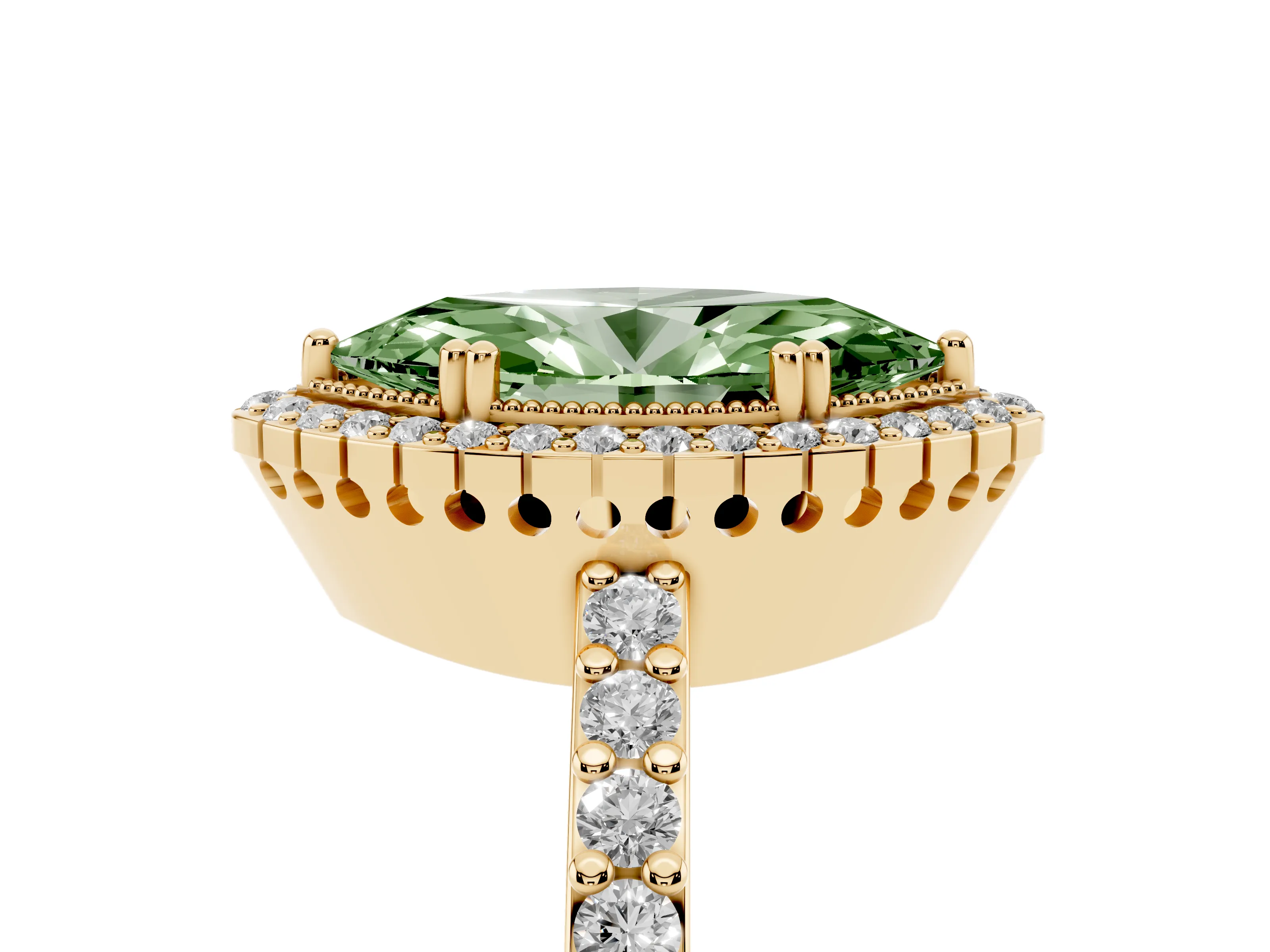 Fancy Green Marquise Cut Diamond Halo Engagement Ring Set in Yellow gold with Milgrain Detail and Pavé Band
